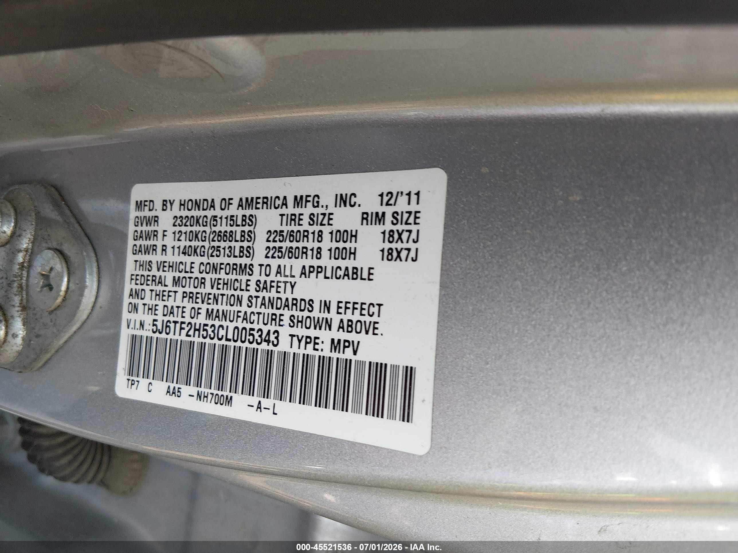 2012 Honda Crosstour Ex-l Silver vin: 5J6TF2H53CL005343