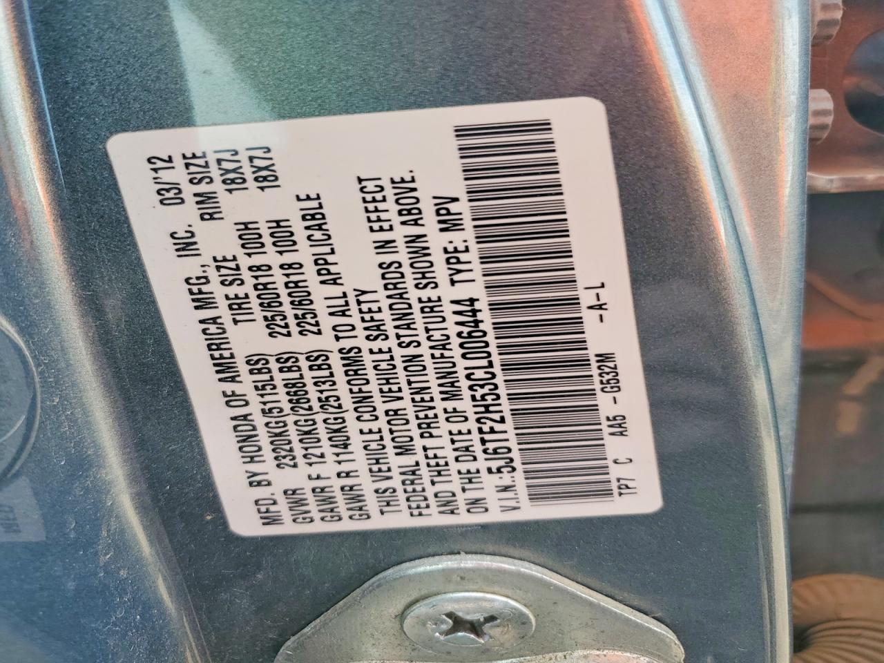 2012 Honda Crosstour Exl Teal vin: 5J6TF2H53CL006444