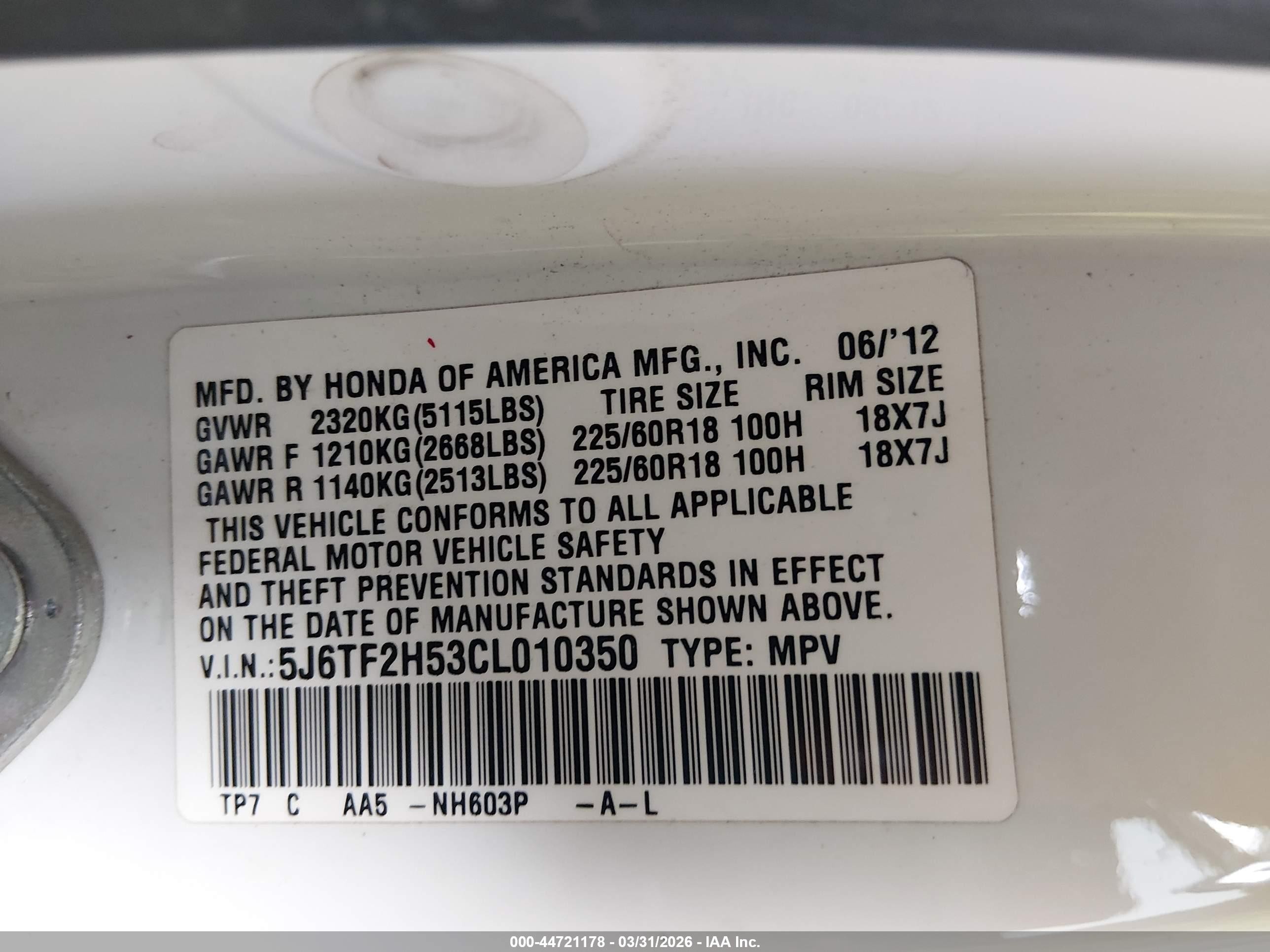 2012 Honda Crosstour Ex-l White vin: 5J6TF2H53CL010350