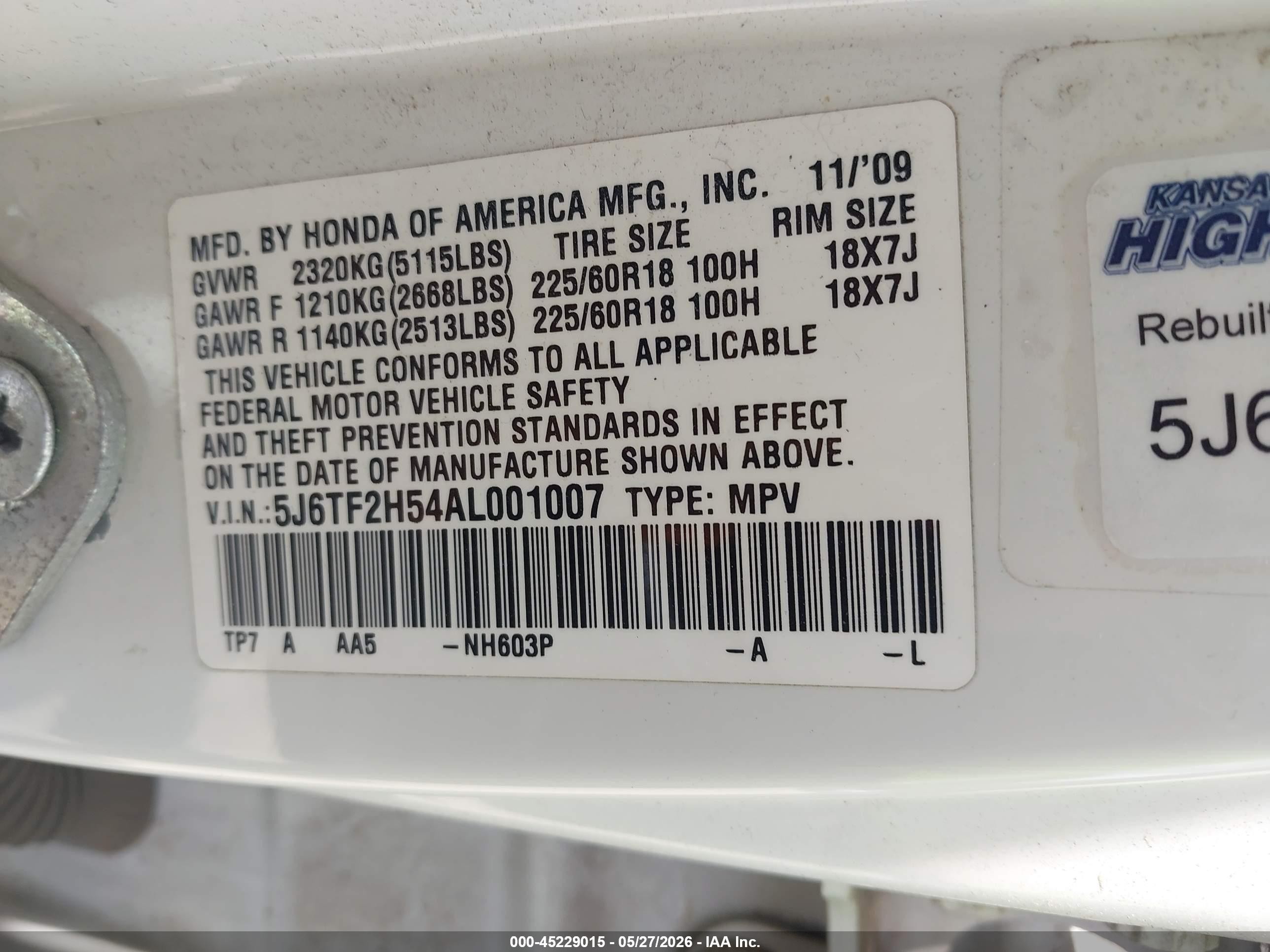 2010 Honda Accord Crosstour Ex-l White vin: 5J6TF2H54AL001007