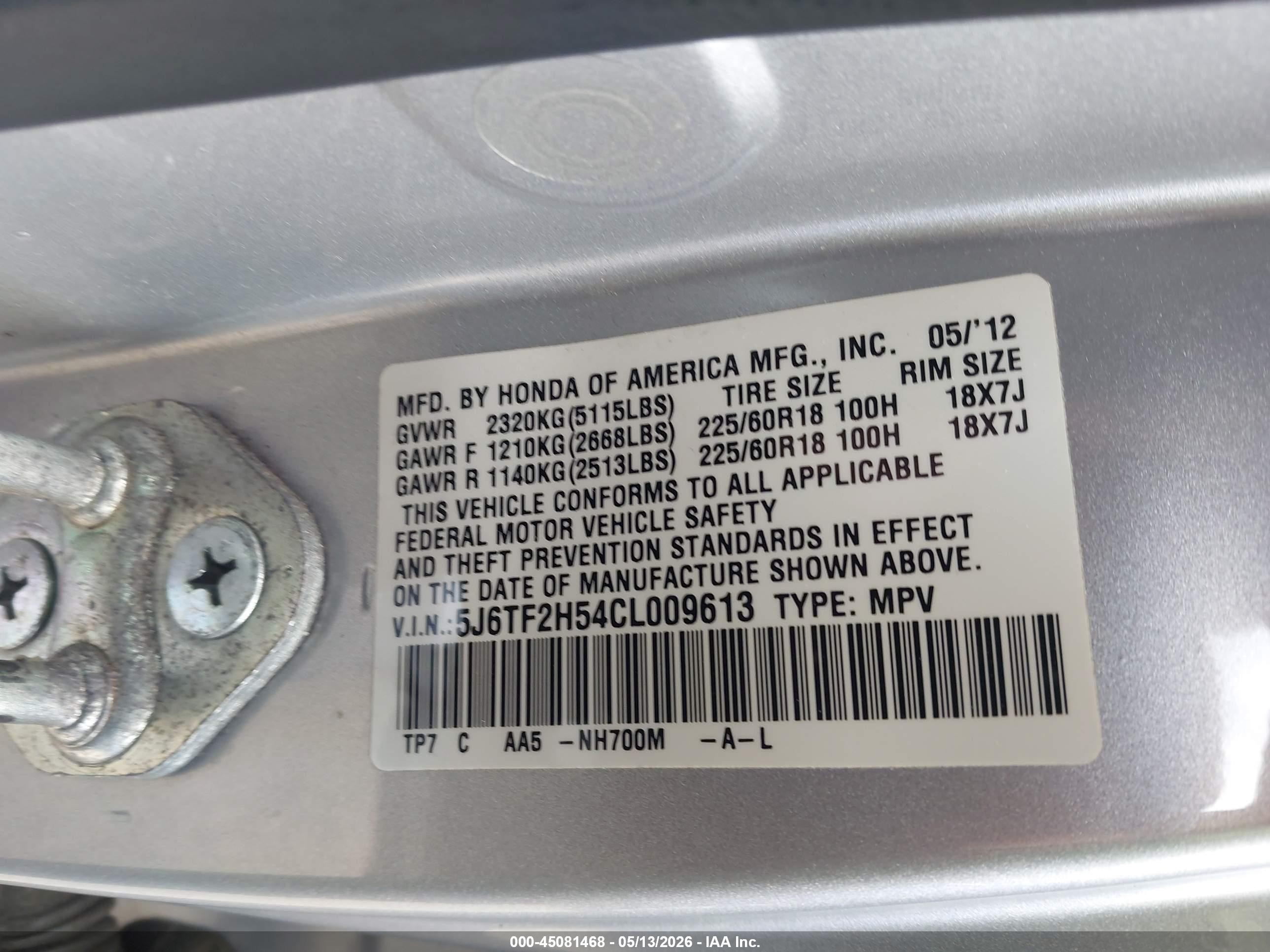 2012 Honda Crosstour Ex-l Silver vin: 5J6TF2H54CL009613