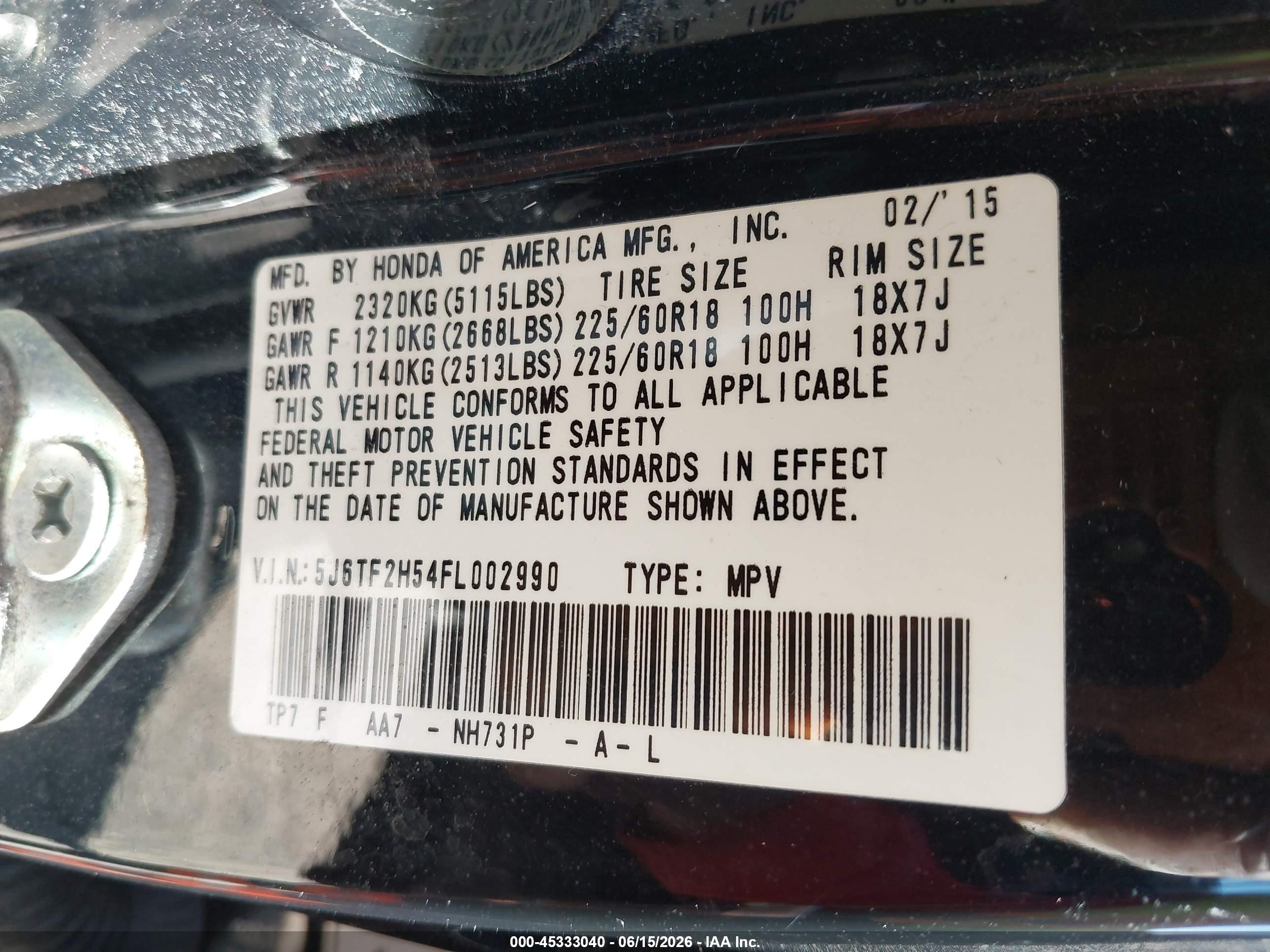 2015 Honda Crosstour Ex-l V6 Black vin: 5J6TF2H54FL002990