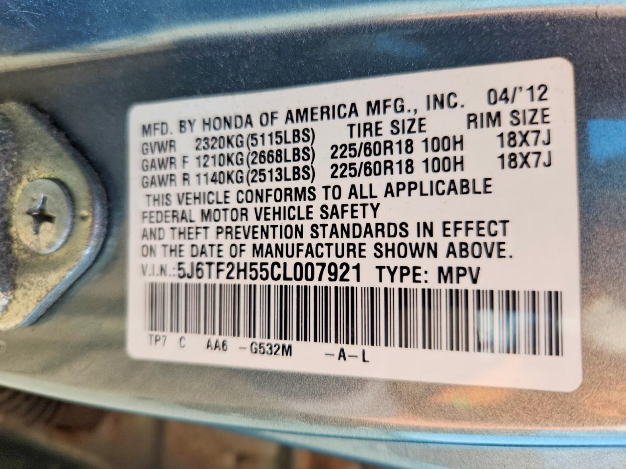 2012 Honda Crosstour Exl Teal vin: 5J6TF2H55CL007921