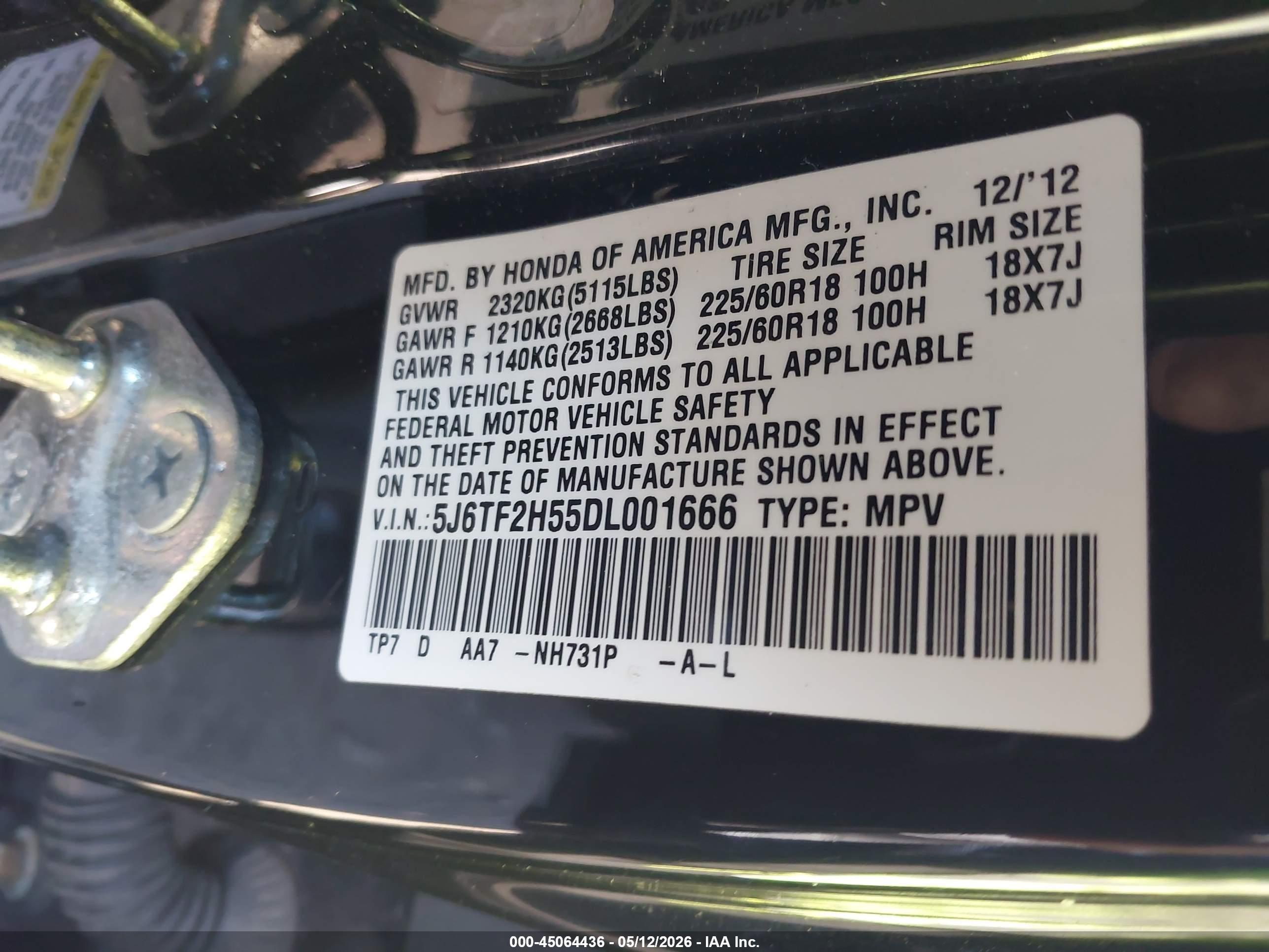 2013 Honda Crosstour Ex-l V6 Черный vin: 5J6TF2H55DL001666