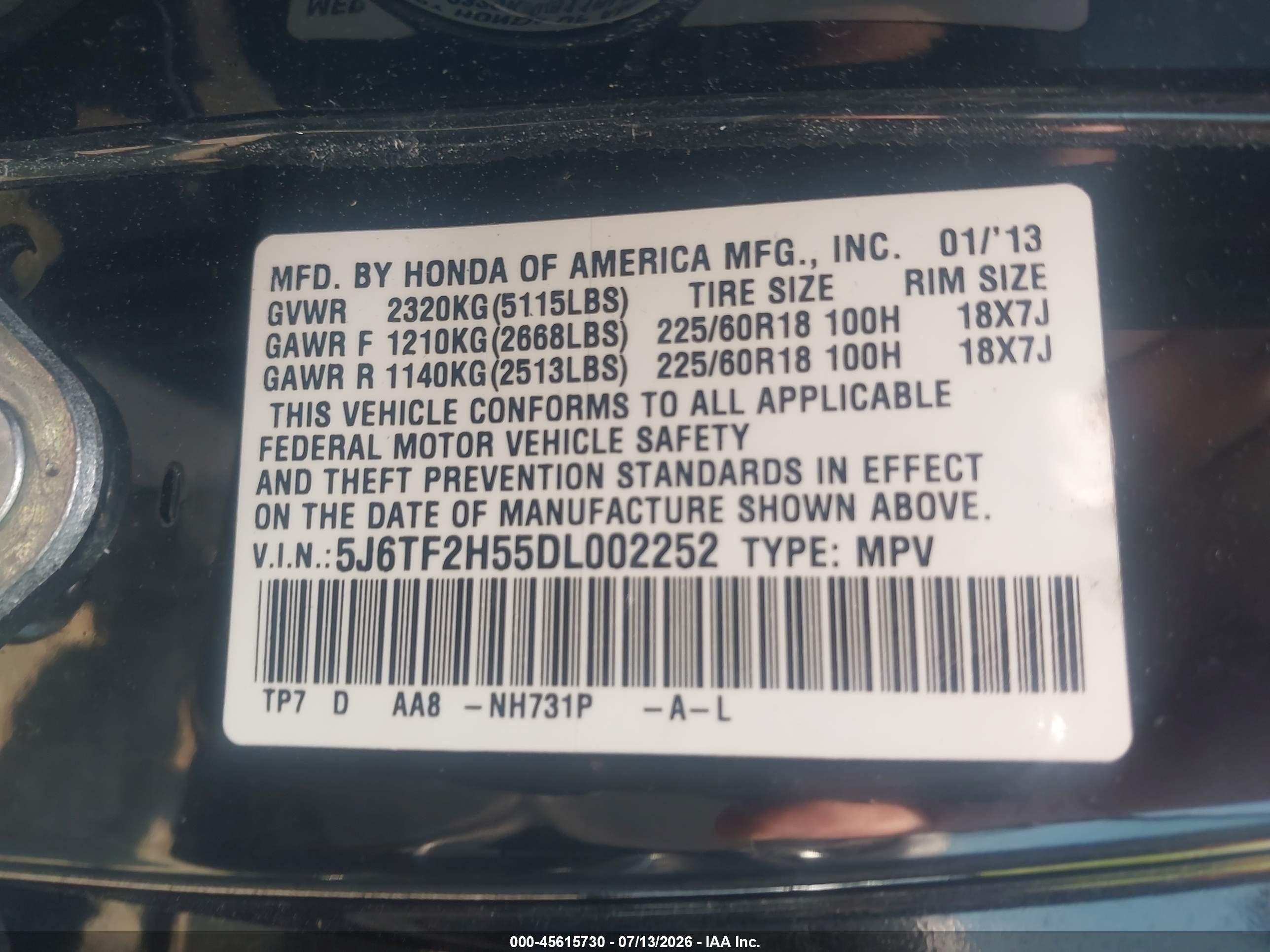 2013 Honda Crosstour Ex-l V6 Black vin: 5J6TF2H55DL002252