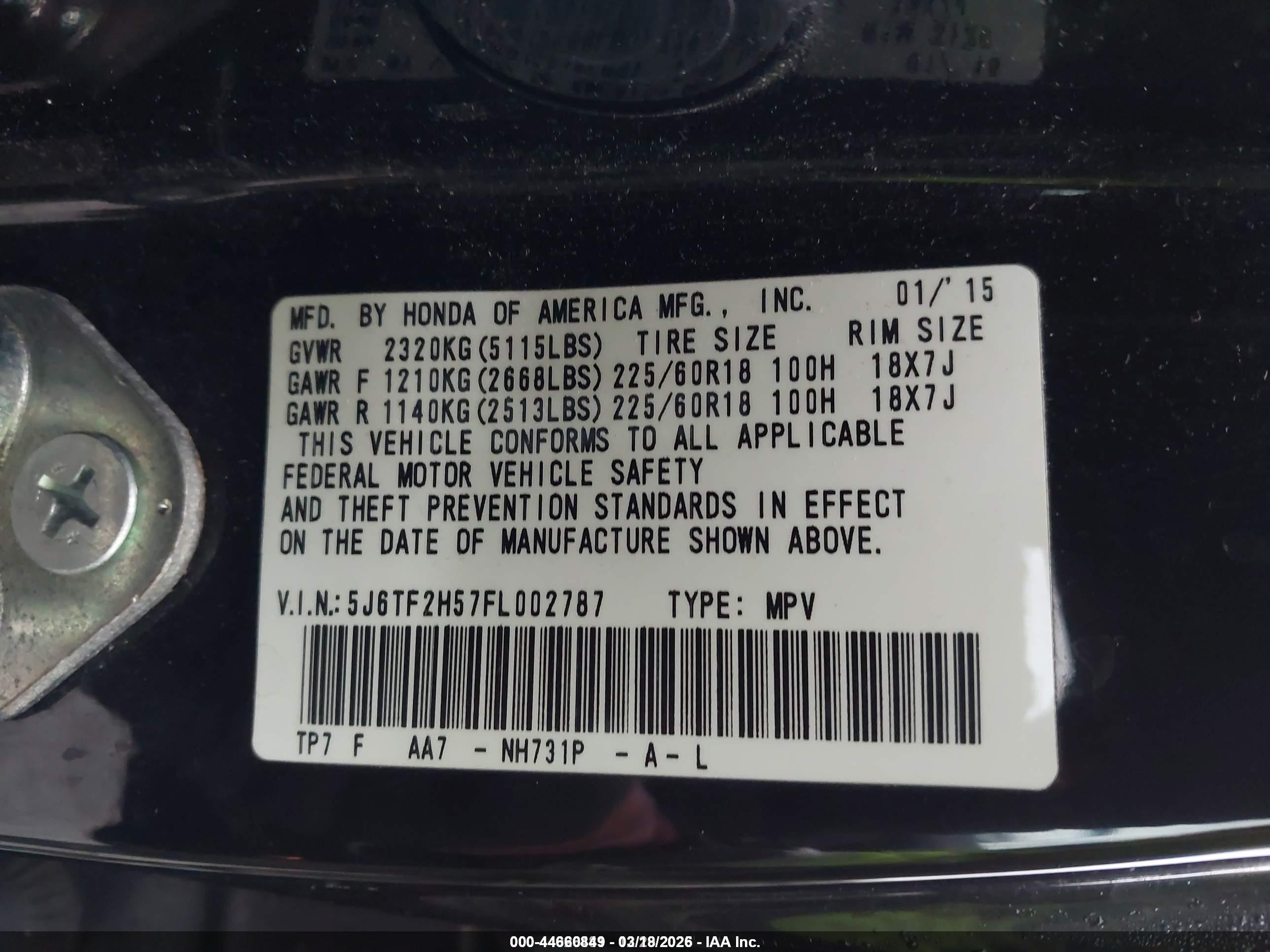 2015 Honda Crosstour Ex-l V6 Black vin: 5J6TF2H57FL002787