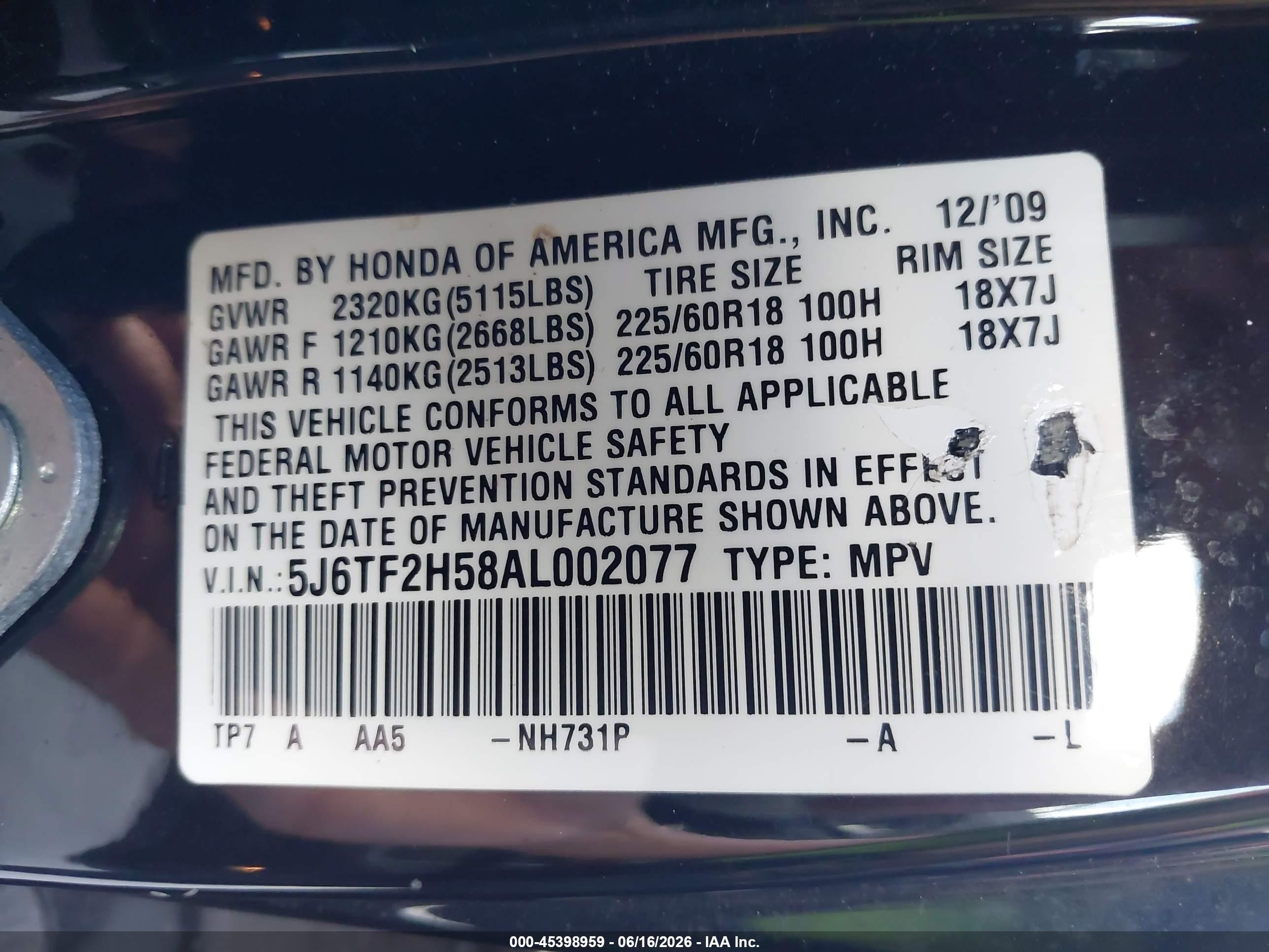 2010 Honda Accord Crosstour Ex-l Black vin: 5J6TF2H58AL002077