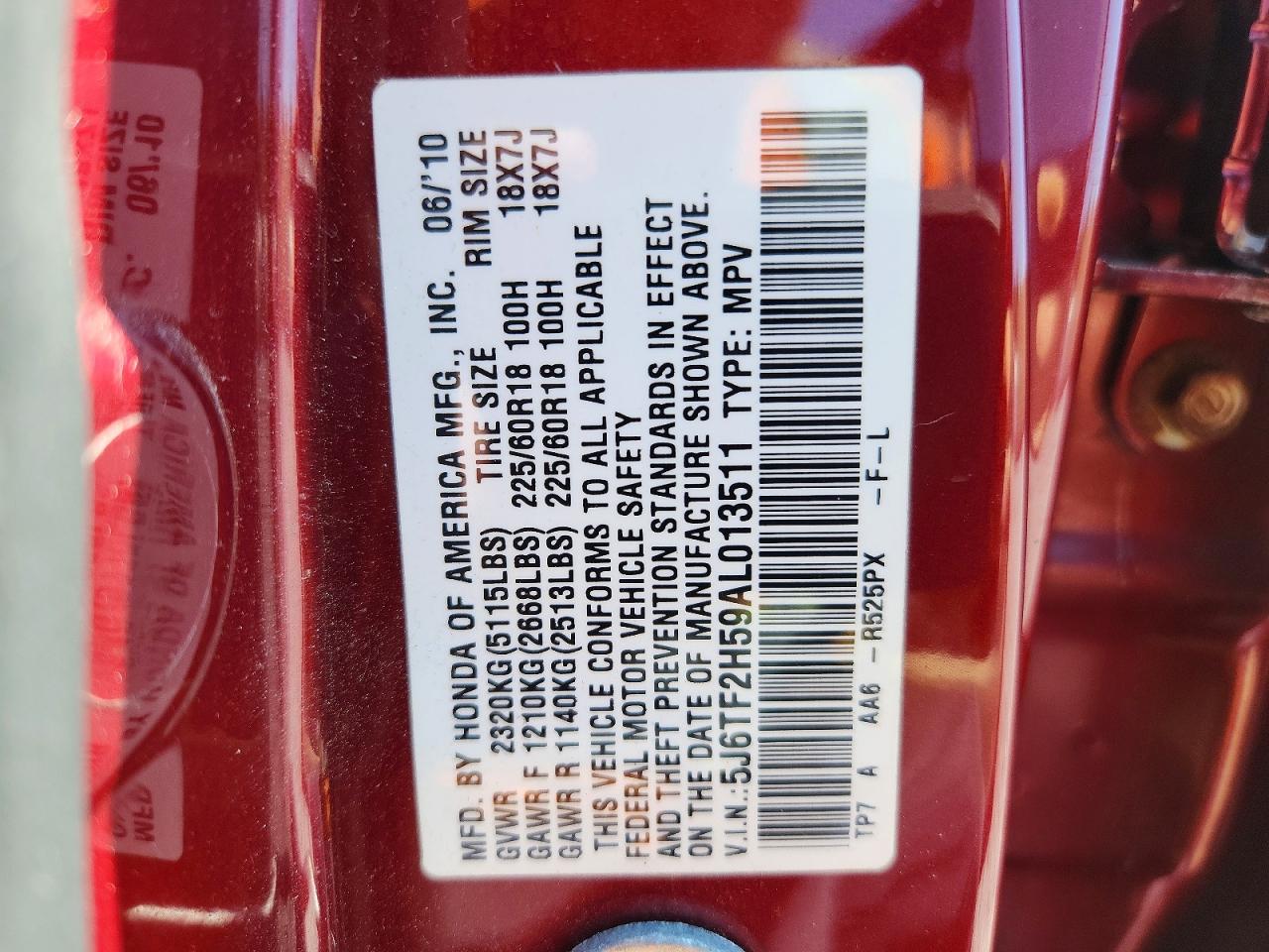 2010 Honda Accord Crosstour Exl Red vin: 5J6TF2H59AL013511