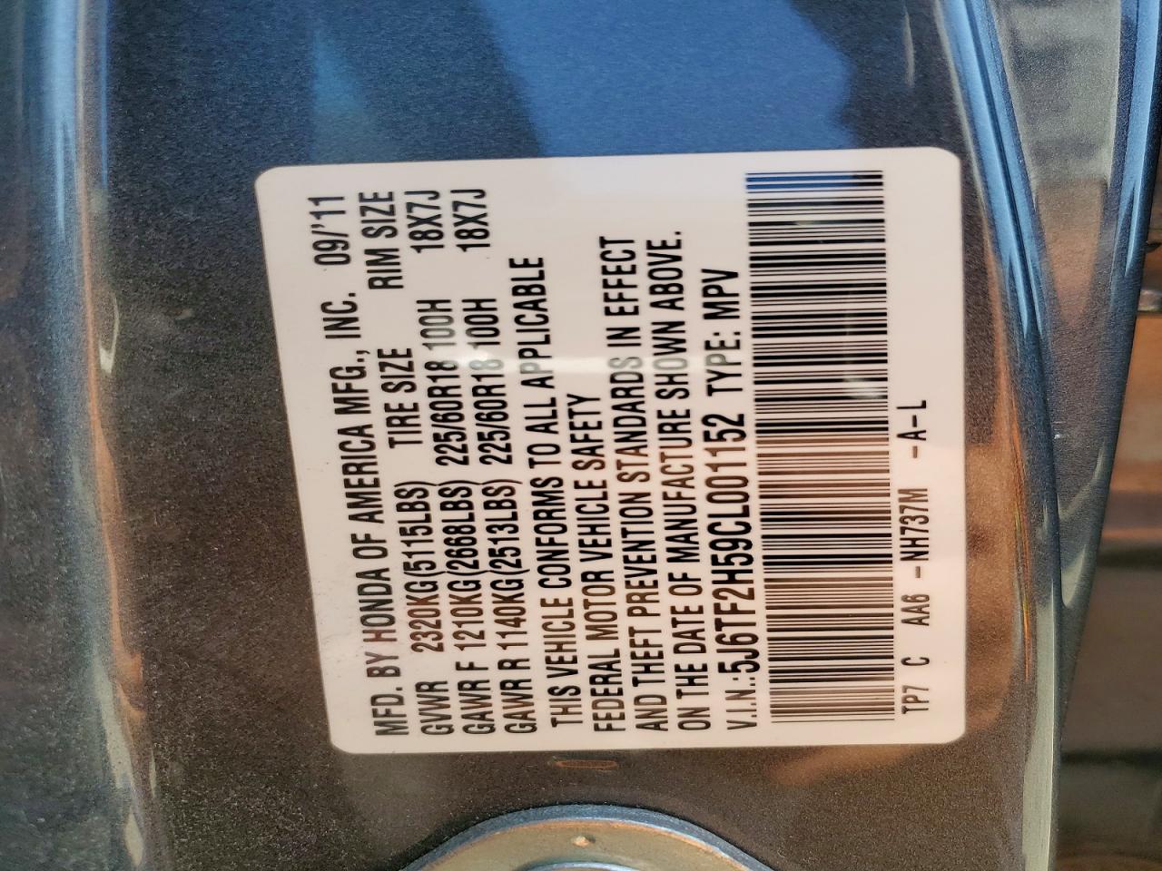 2012 Honda Crosstour Exl Gray vin: 5J6TF2H59CL001152