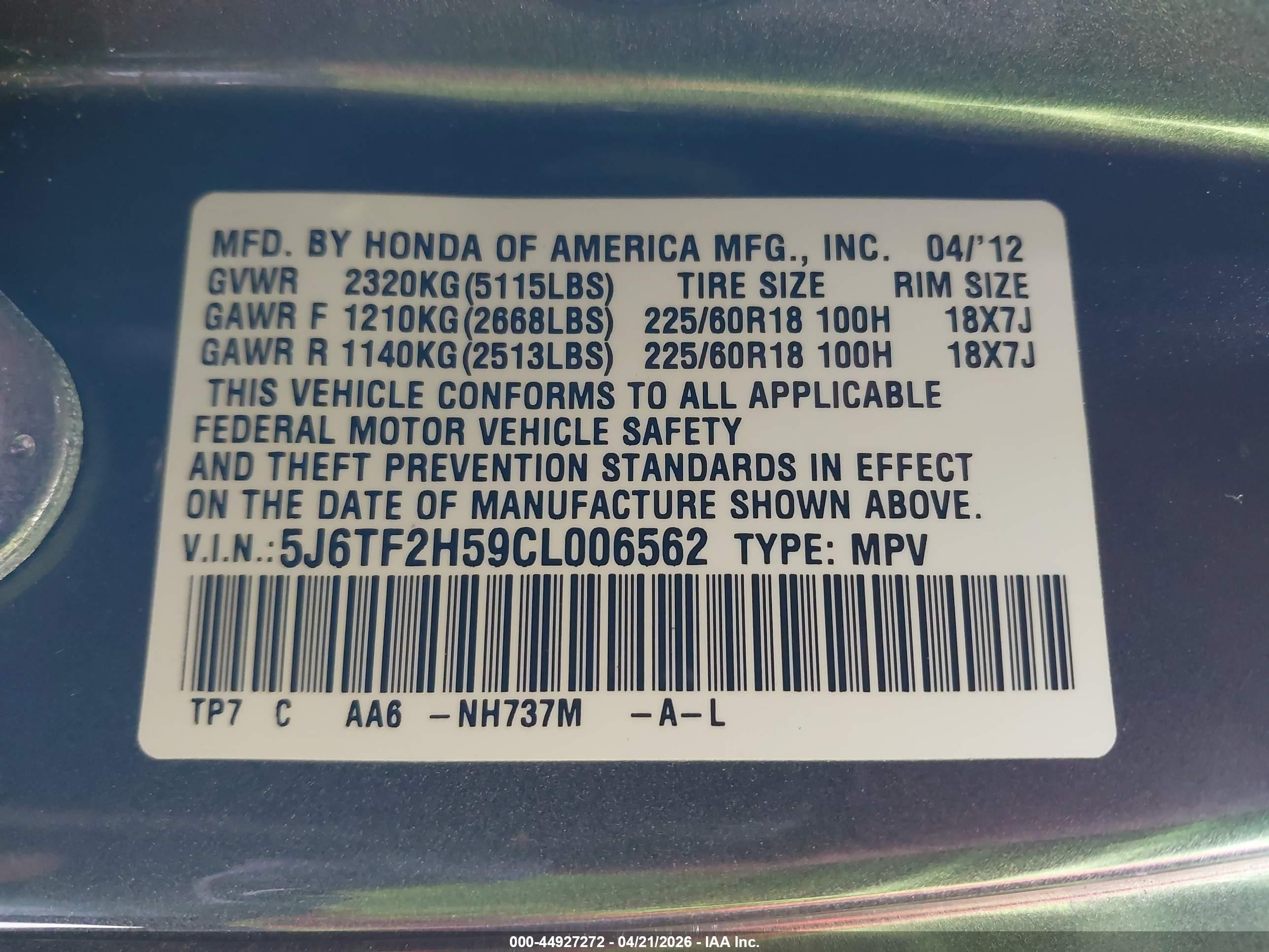 2012 Honda Crosstour Ex-l Gray vin: 5J6TF2H59CL006562