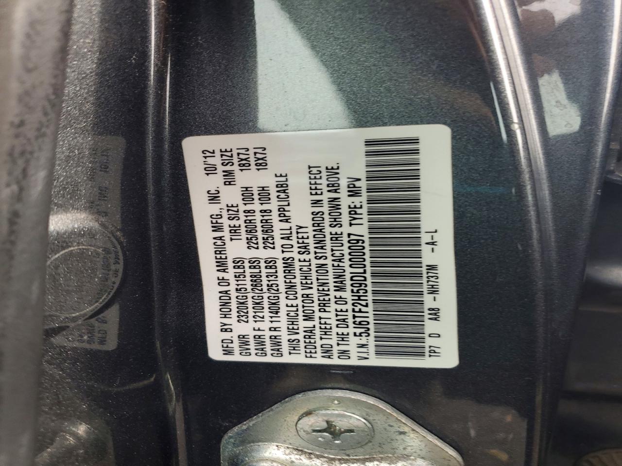 2013 Honda Crosstour Exl Gray vin: 5J6TF2H59DL000097