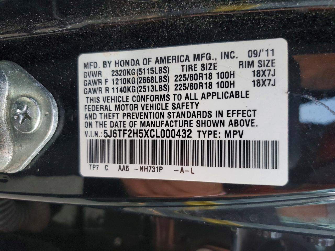 2012 Honda Crosstour Exl Black vin: 5J6TF2H5XCL000432