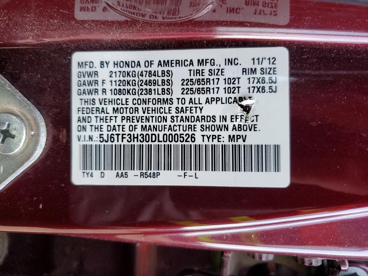 2013 Honda Crosstour Ex Maroon vin: 5J6TF3H30DL000526