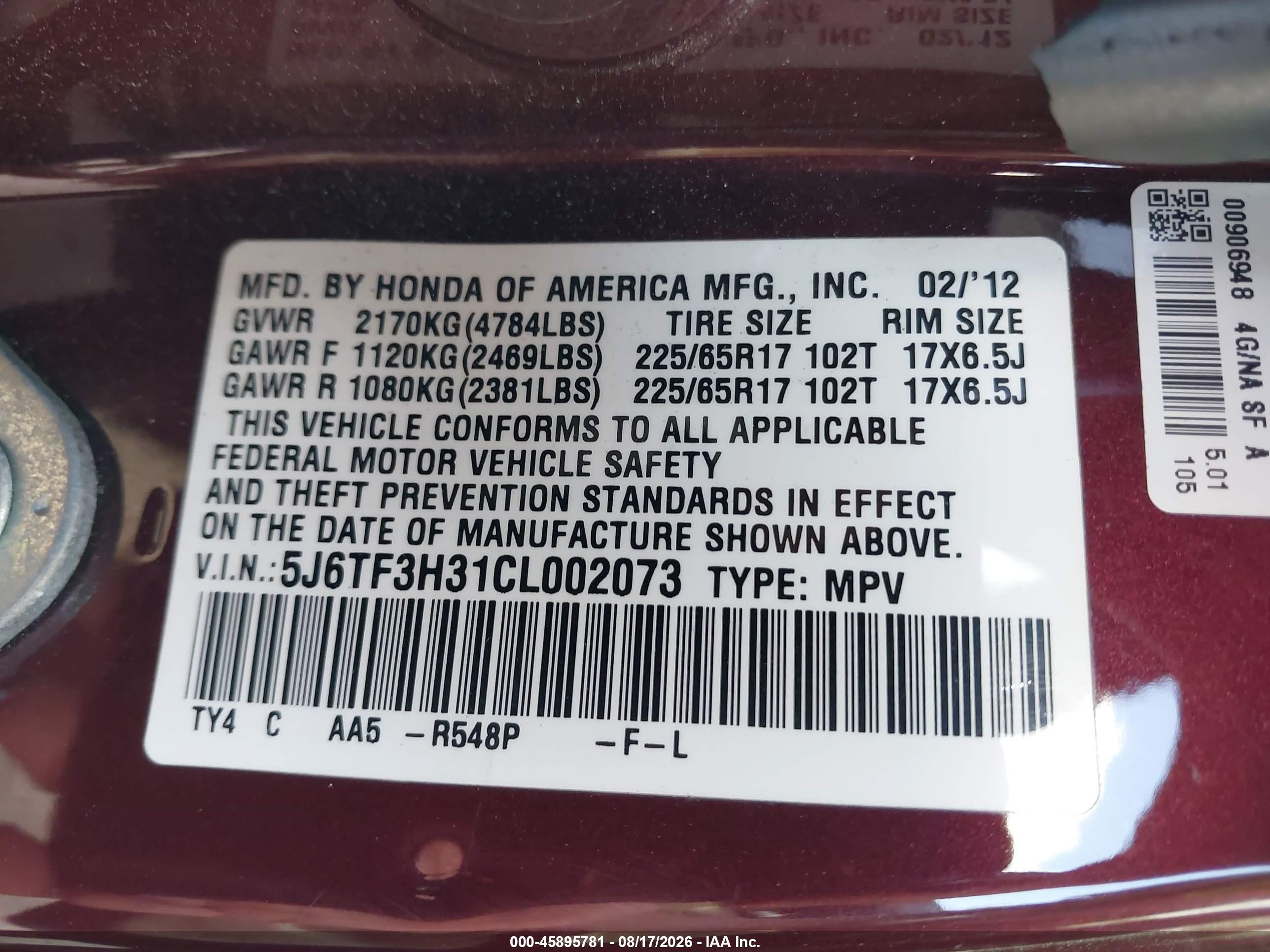 2012 Honda Crosstour 2.4 Ex Maroon vin: 5J6TF3H31CL002073