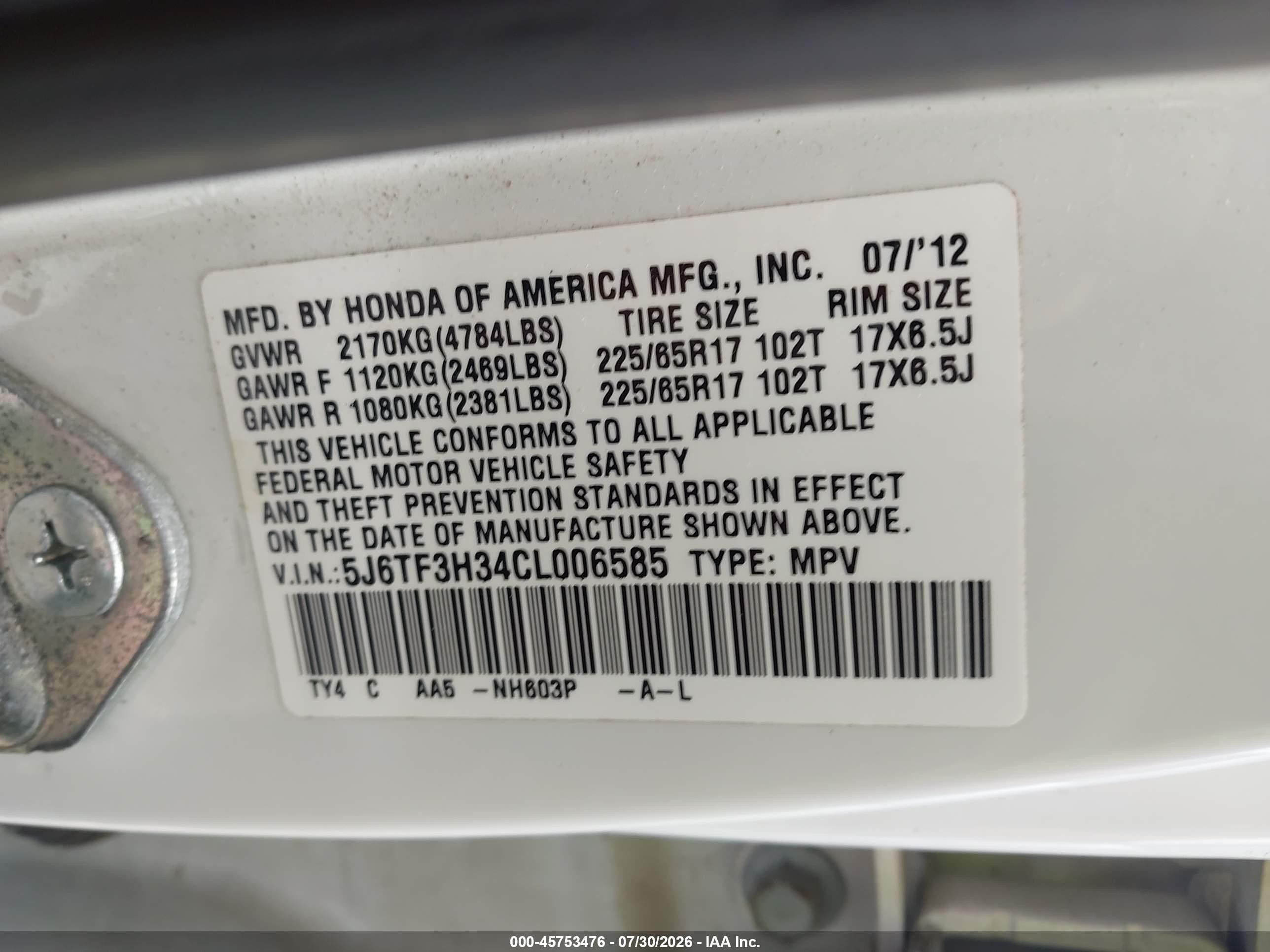 2012 Honda Crosstour 2.4 Ex White vin: 5J6TF3H34CL006585