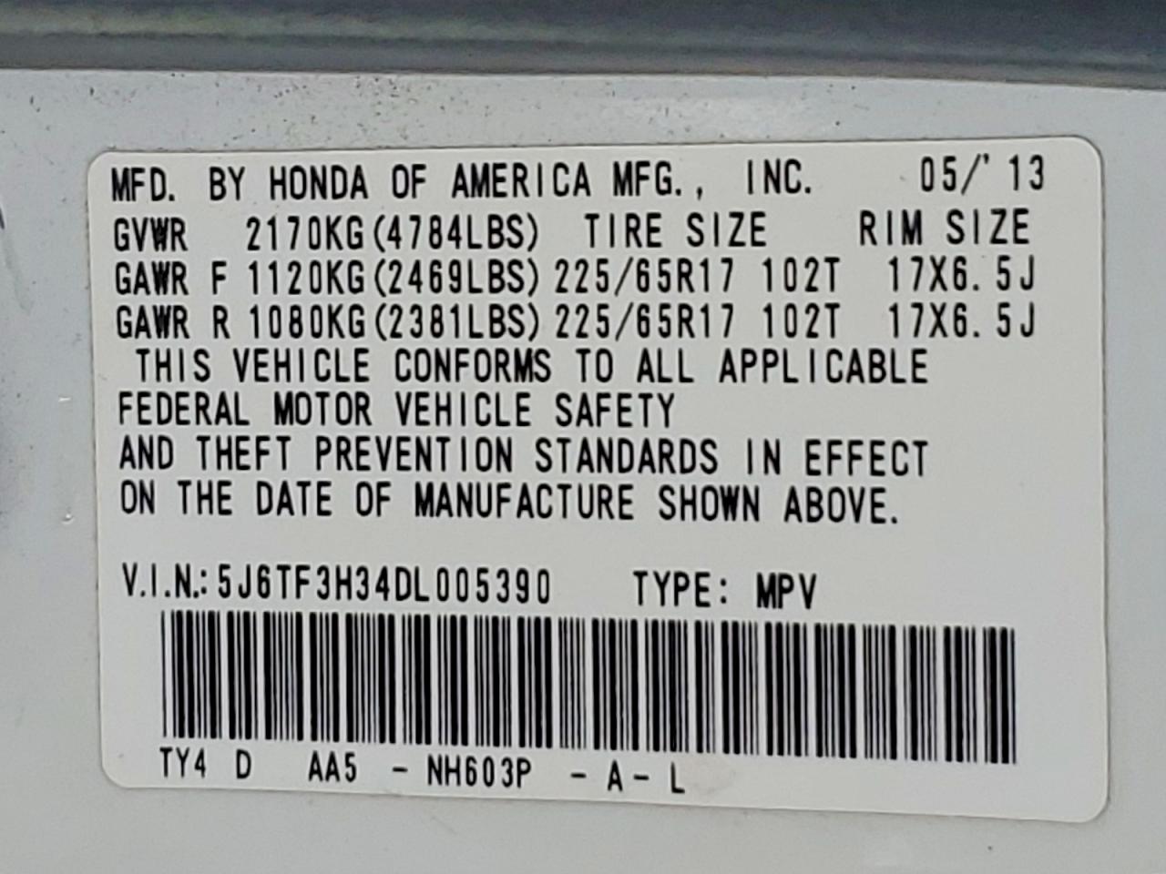 2013 Honda Crosstour Ex White vin: 5J6TF3H34DL005390