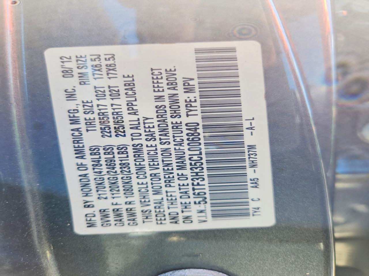 2012 Honda Crosstour Ex Gray vin: 5J6TF3H35CL006840