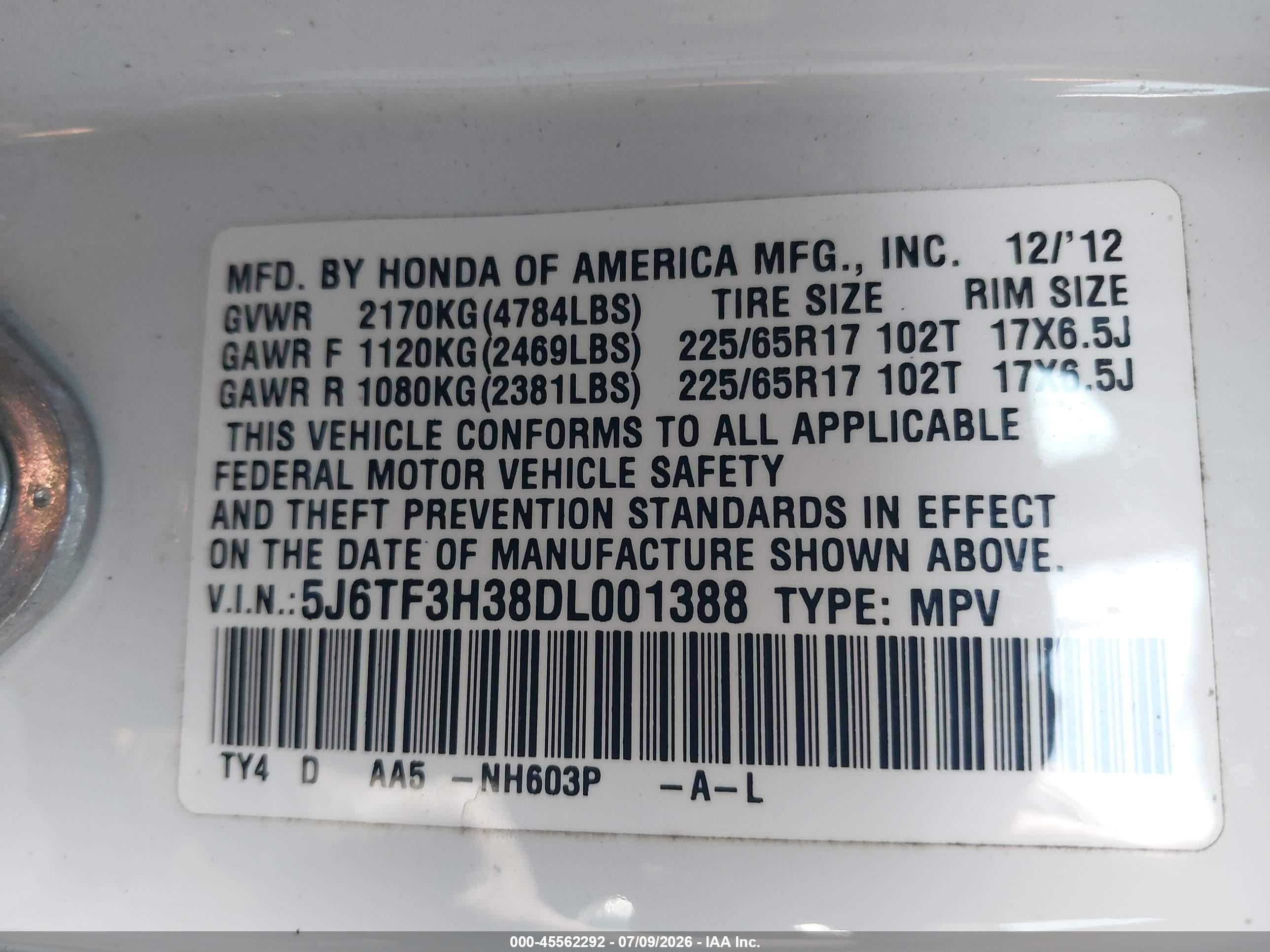 2013 Honda Crosstour Ex Белый vin: 5J6TF3H38DL001388