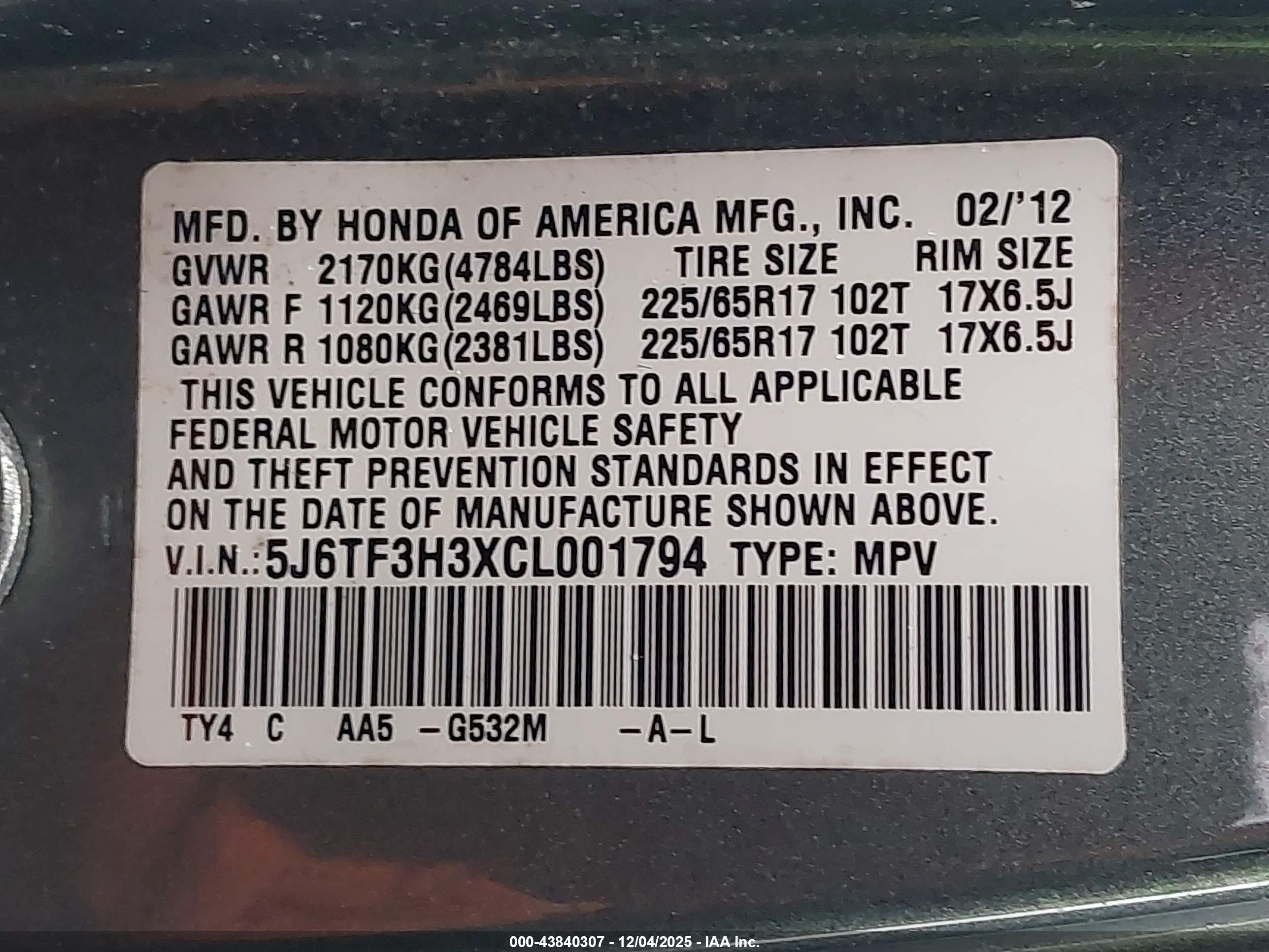 2012 Honda Crosstour 2.4 Ex Light Blue vin: 5J6TF3H3XCL001794