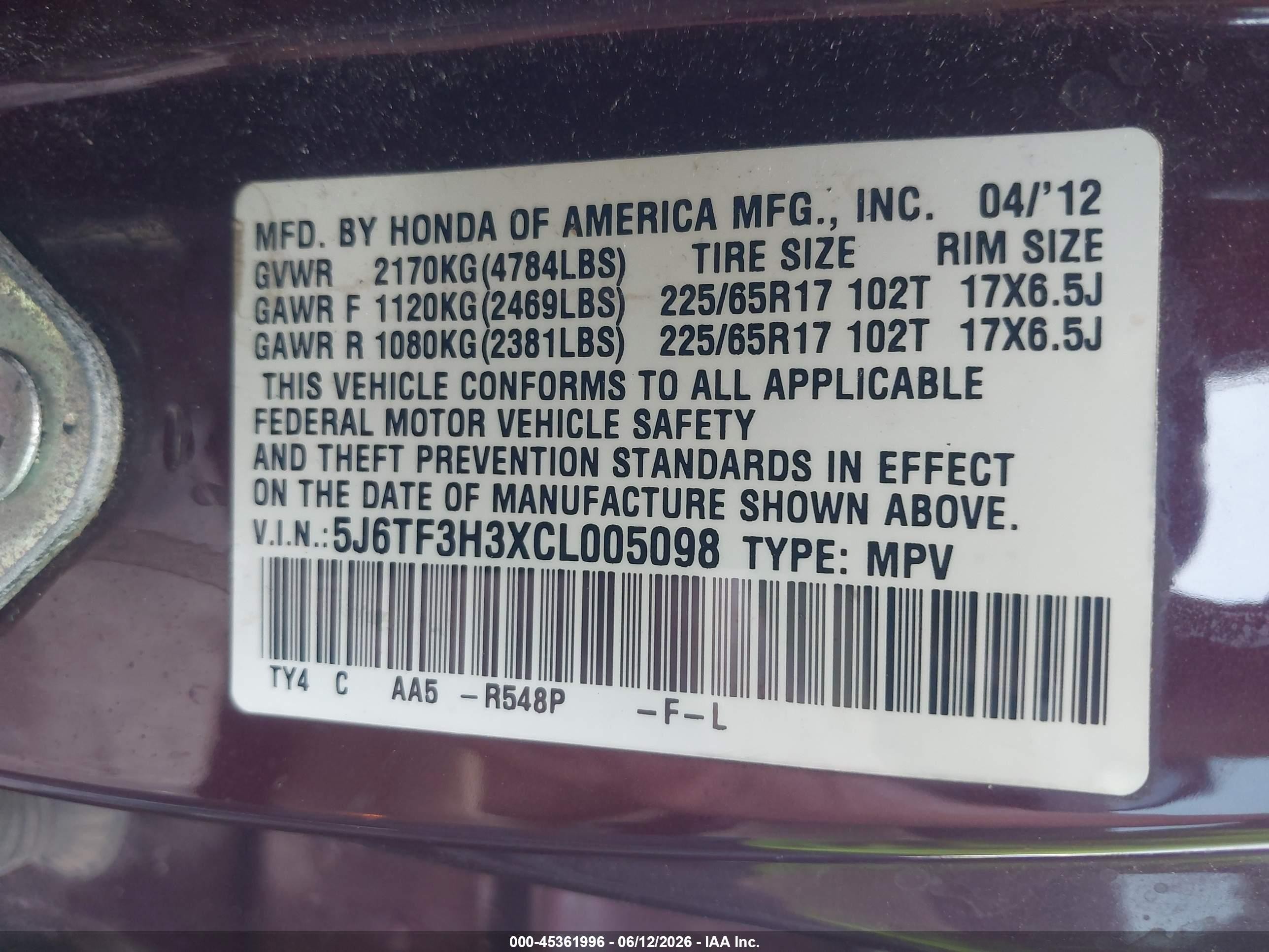 2012 Honda Crosstour 2.4 Ex Бордовый vin: 5J6TF3H3XCL005098