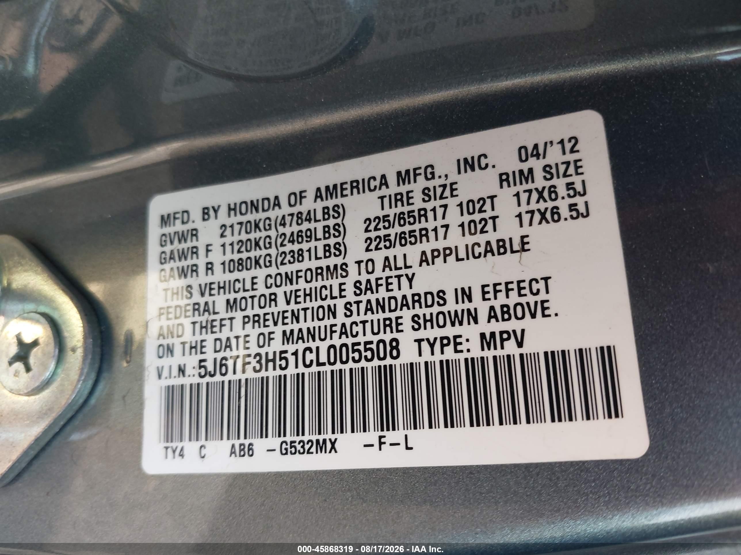 2012 Honda Crosstour 2.4 Ex-l Light Blue vin: 5J6TF3H51CL005508