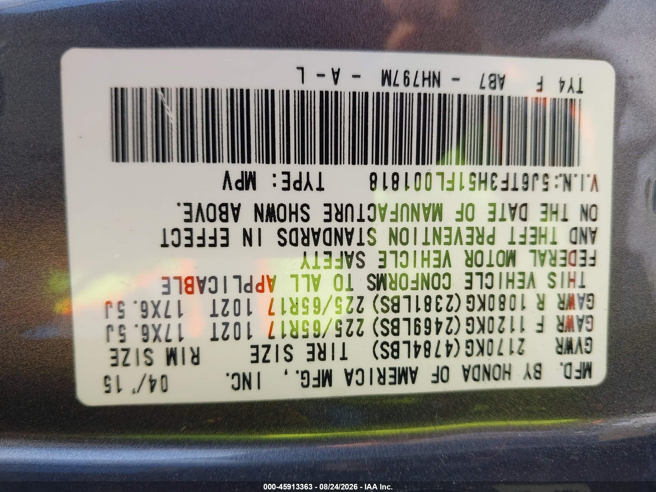 2015 Honda Crosstour Ex-l Серый vin: 5J6TF3H51FL001818