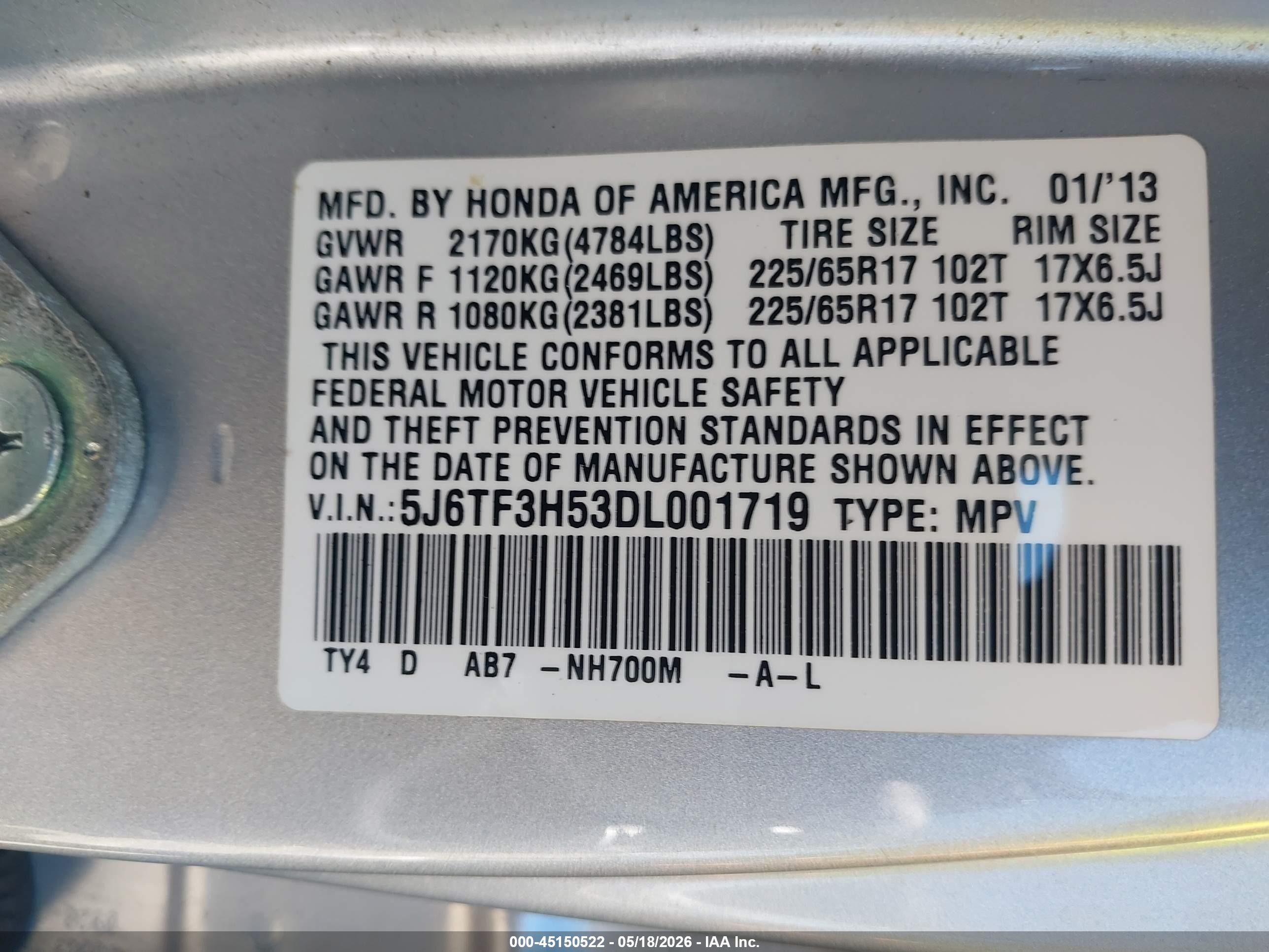 2013 Honda Crosstour Ex-l Silver vin: 5J6TF3H53DL001719