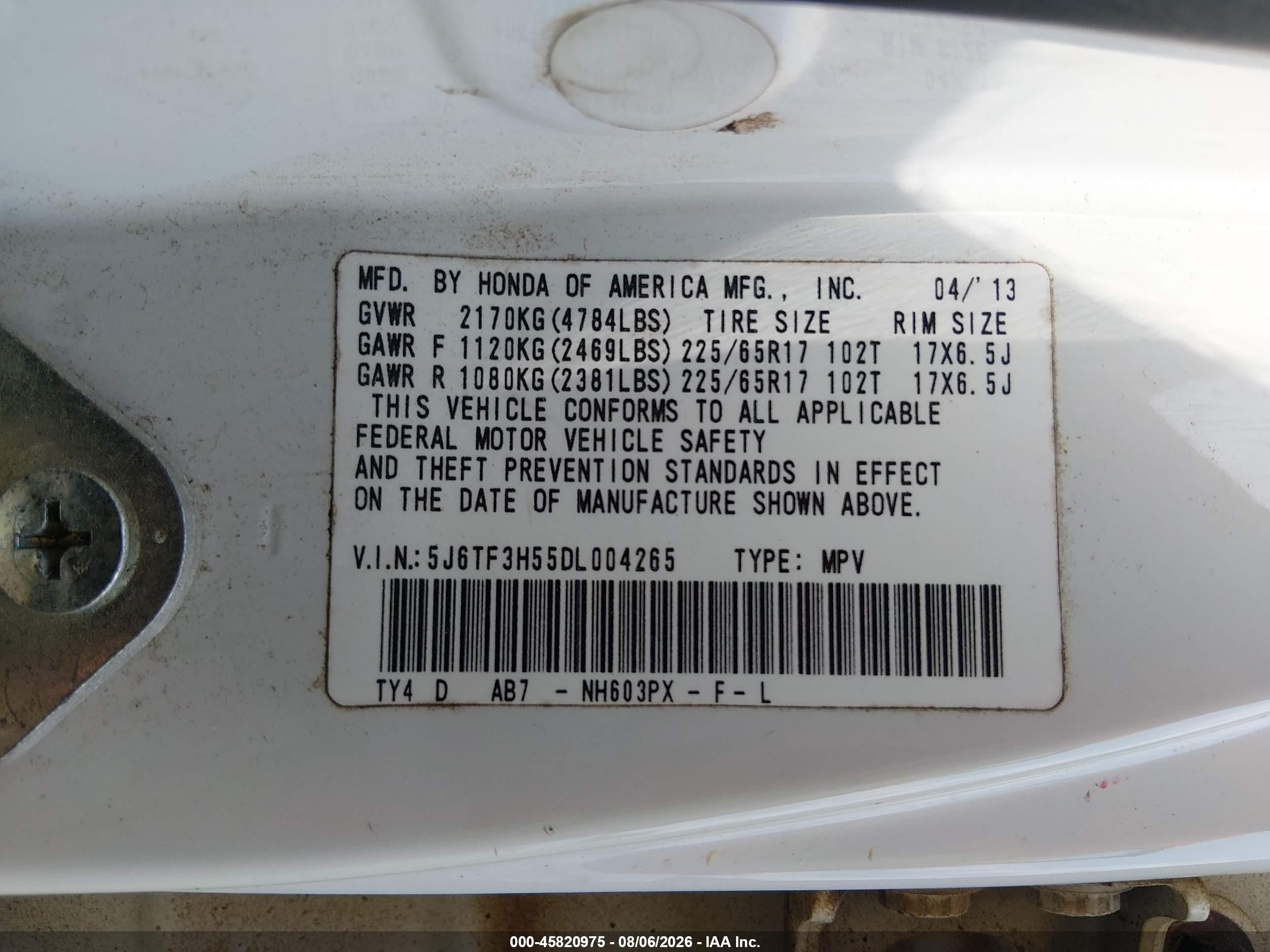 2013 Honda Crosstour Ex-l White vin: 5J6TF3H55DL004265