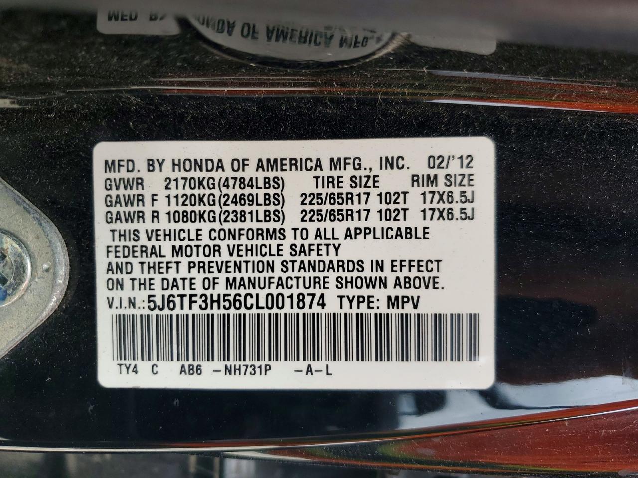 2012 Honda Crosstour Exl Black vin: 5J6TF3H56CL001874