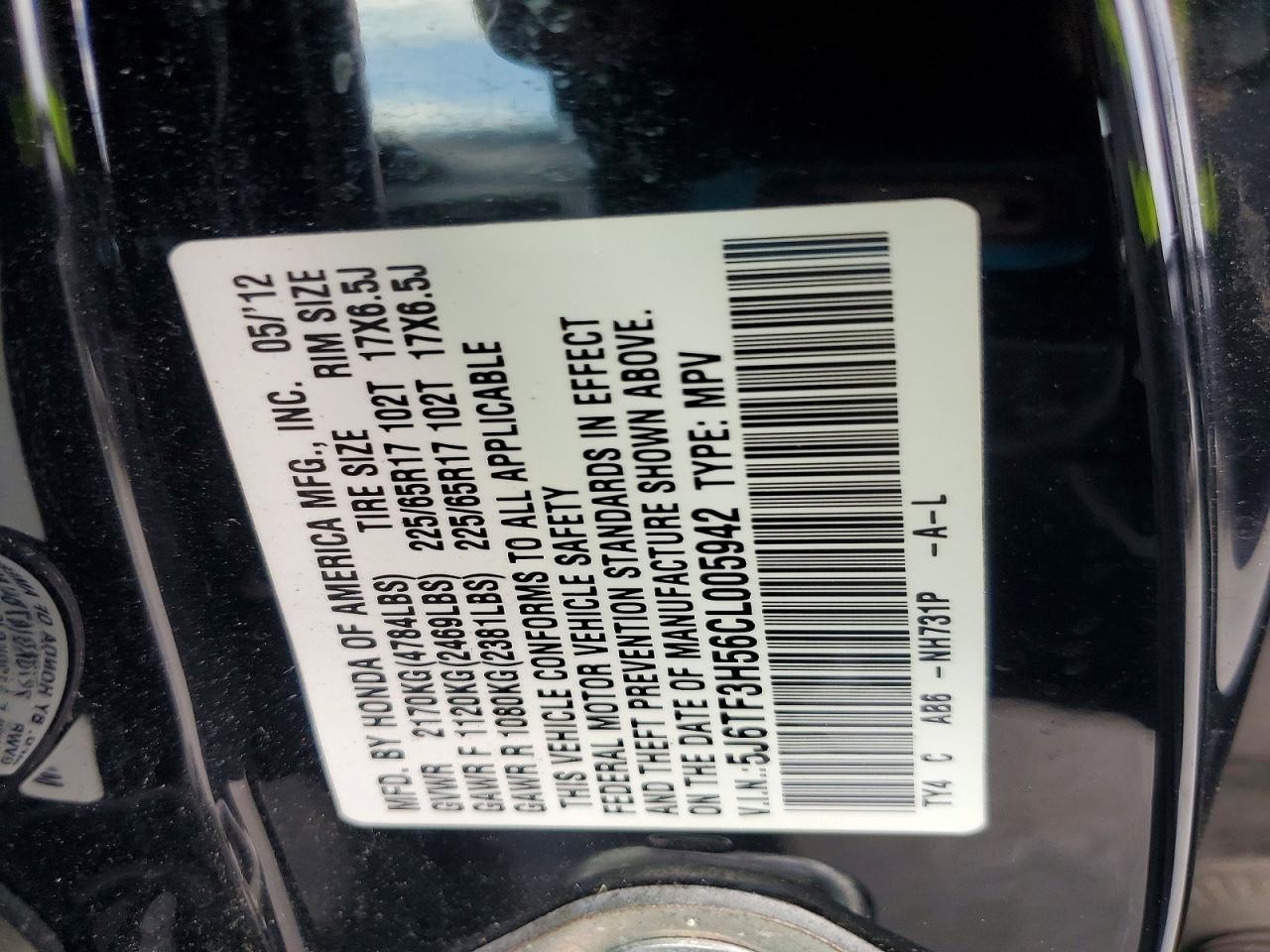 2012 Honda Crosstour Exl Black vin: 5J6TF3H56CL005942
