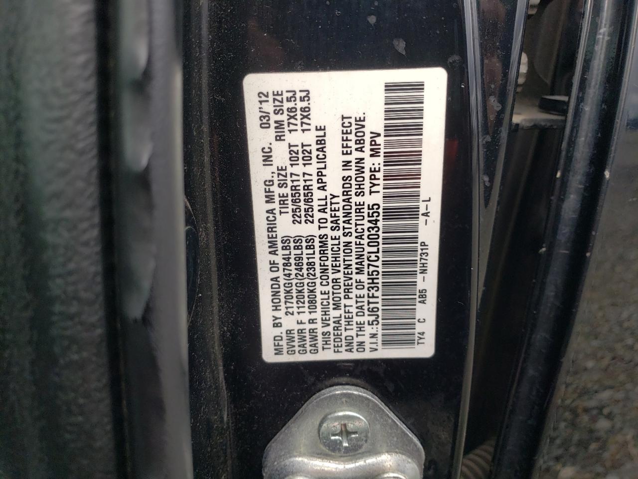 2012 Honda Crosstour Exl Black vin: 5J6TF3H57CL003455