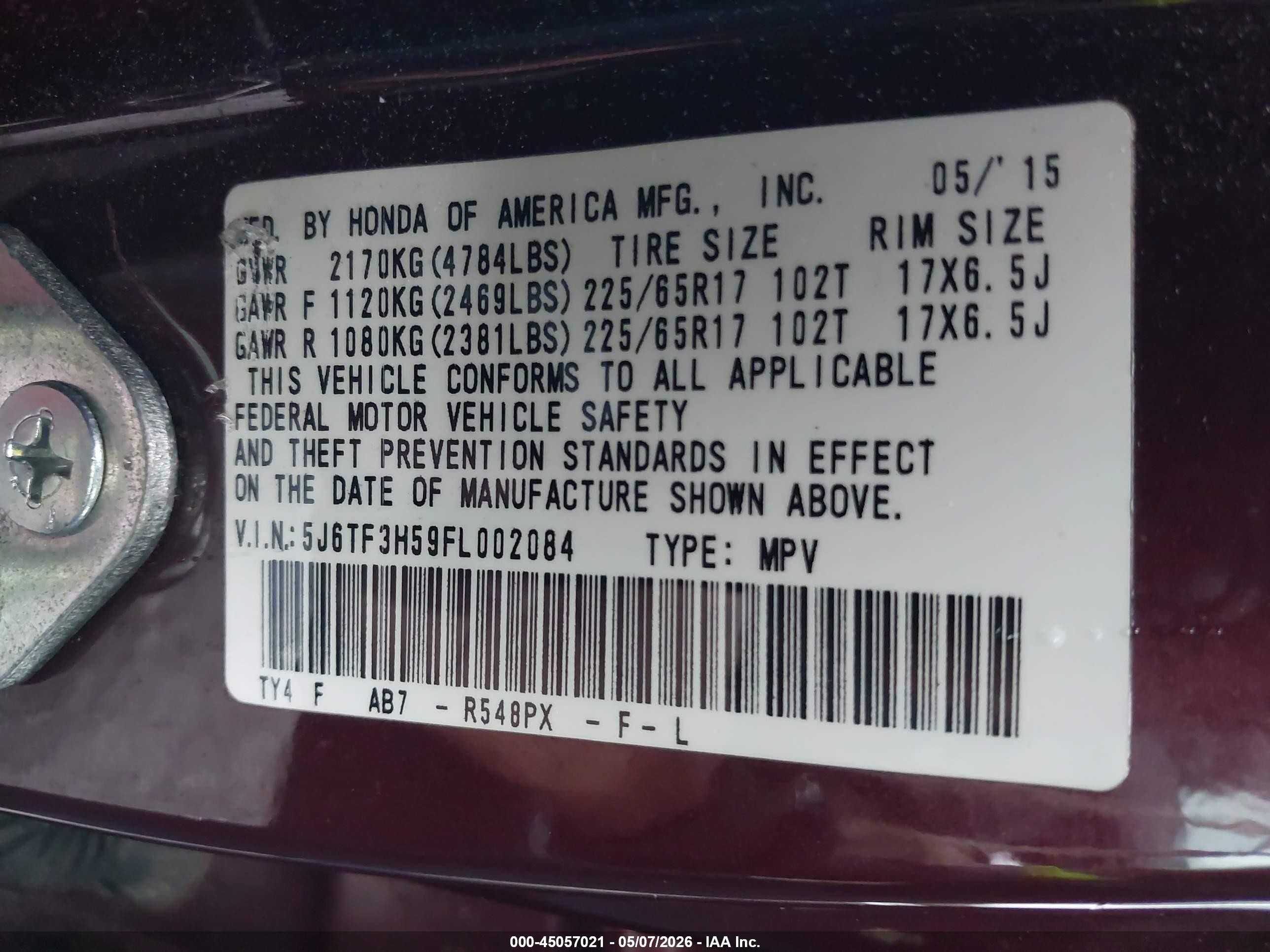2015 Honda Crosstour Ex-l Maroon vin: 5J6TF3H59FL002084