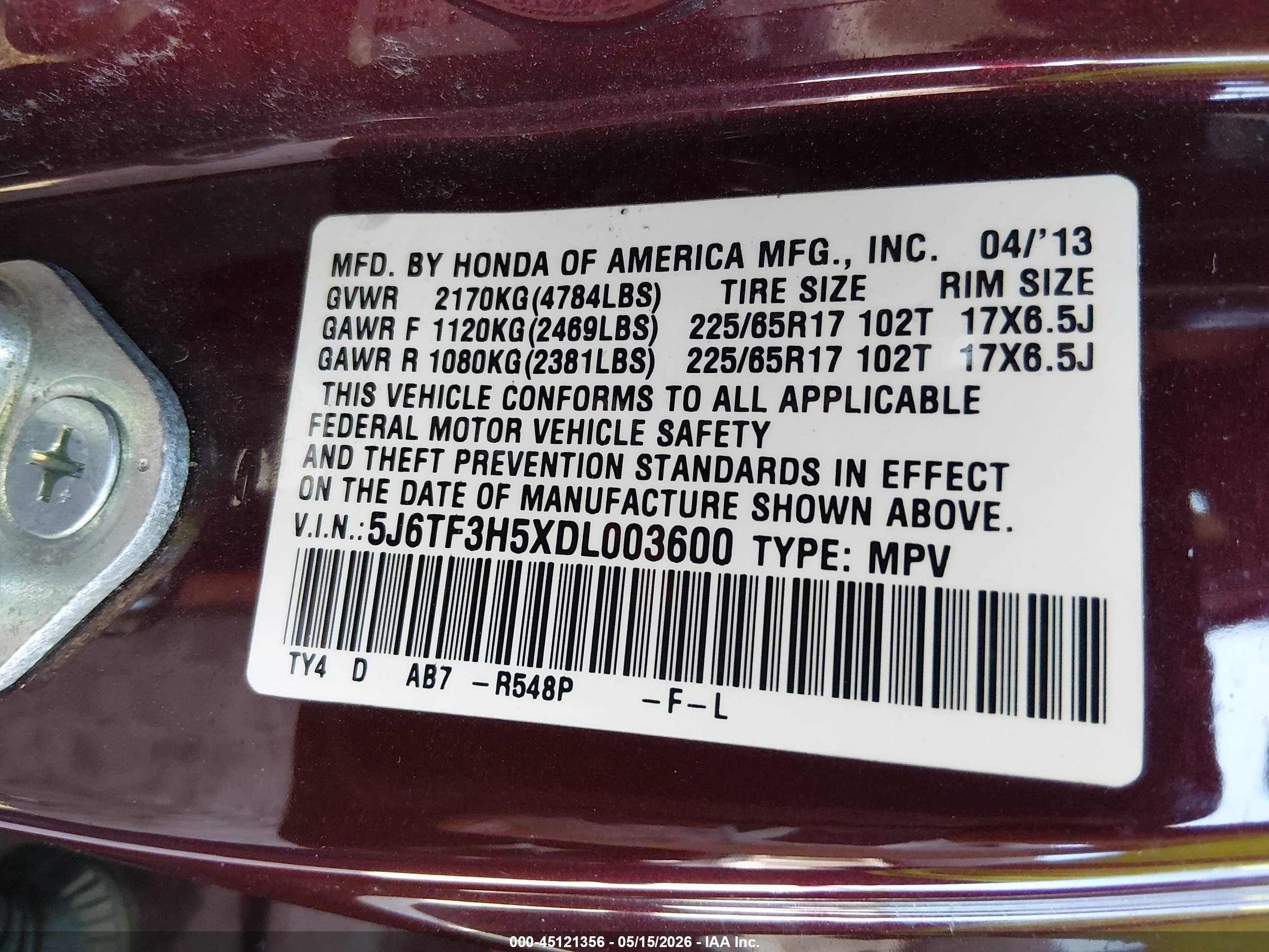 2013 Honda Crosstour Ex-l Burgundy vin: 5J6TF3H5XDL003600