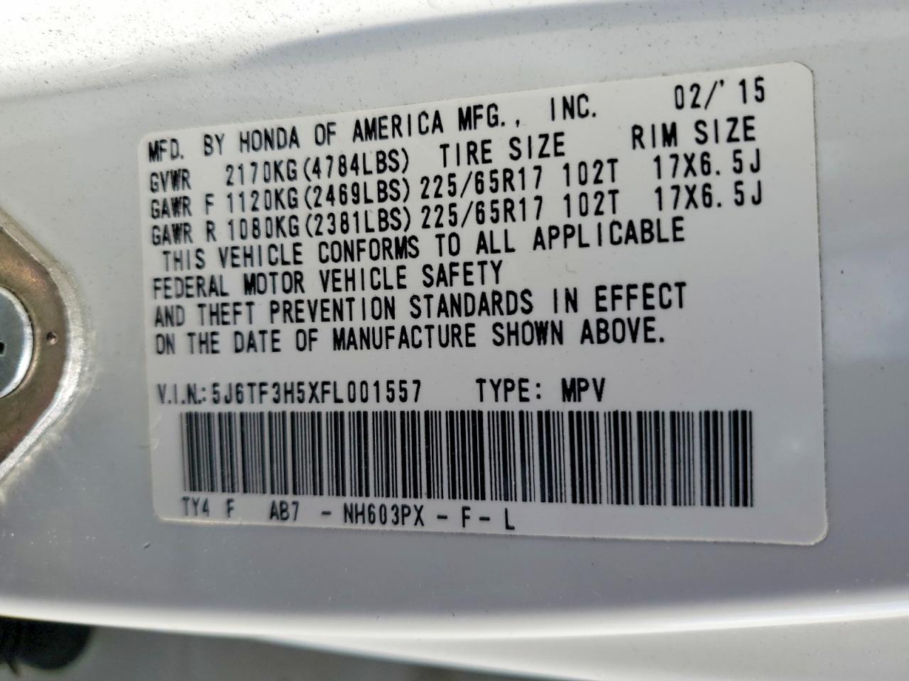 2015 Honda Crosstour Exl White vin: 5J6TF3H5XFL001557