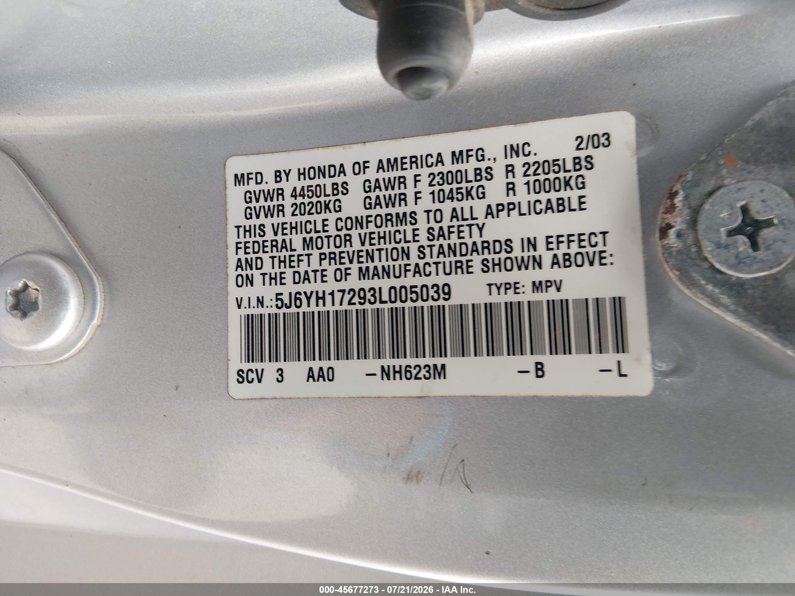 2003 Honda Element Dx Gray vin: 5J6YH17293L005039