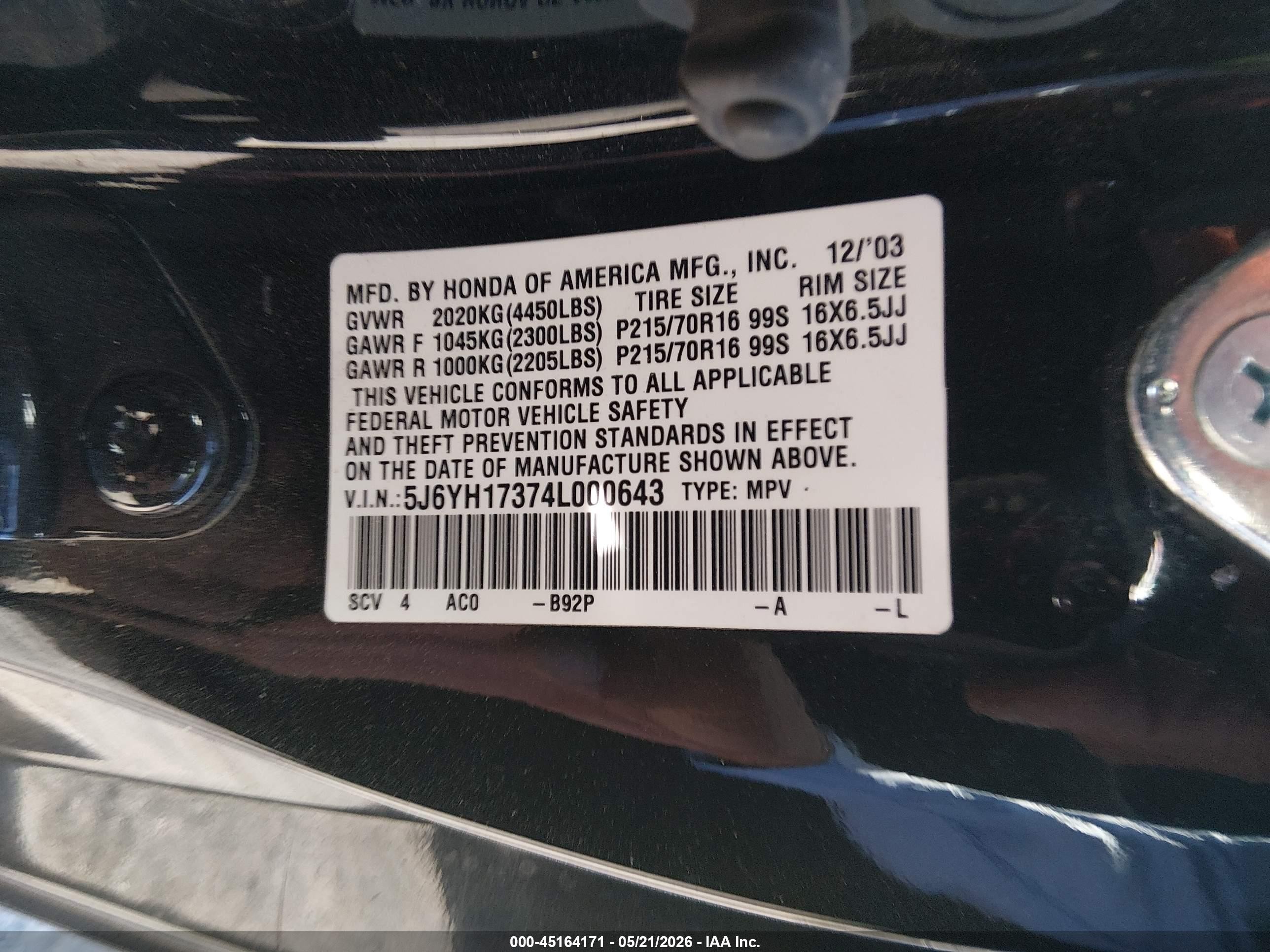 2004 Honda Element Lx Black vin: 5J6YH17374L000643
