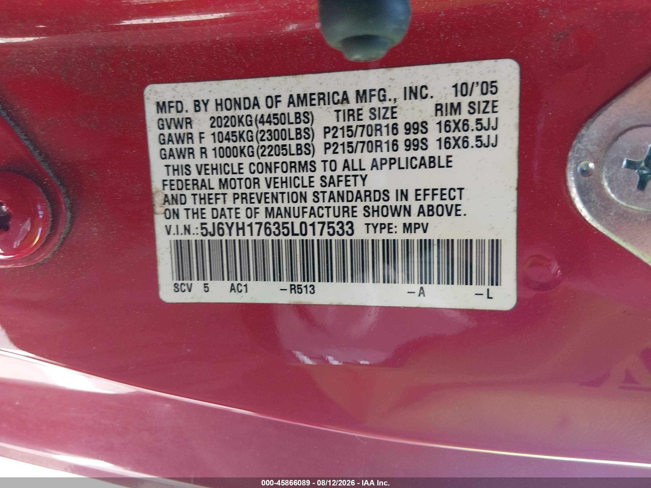 2005 Honda Element Ex Красный vin: 5J6YH17635L017533