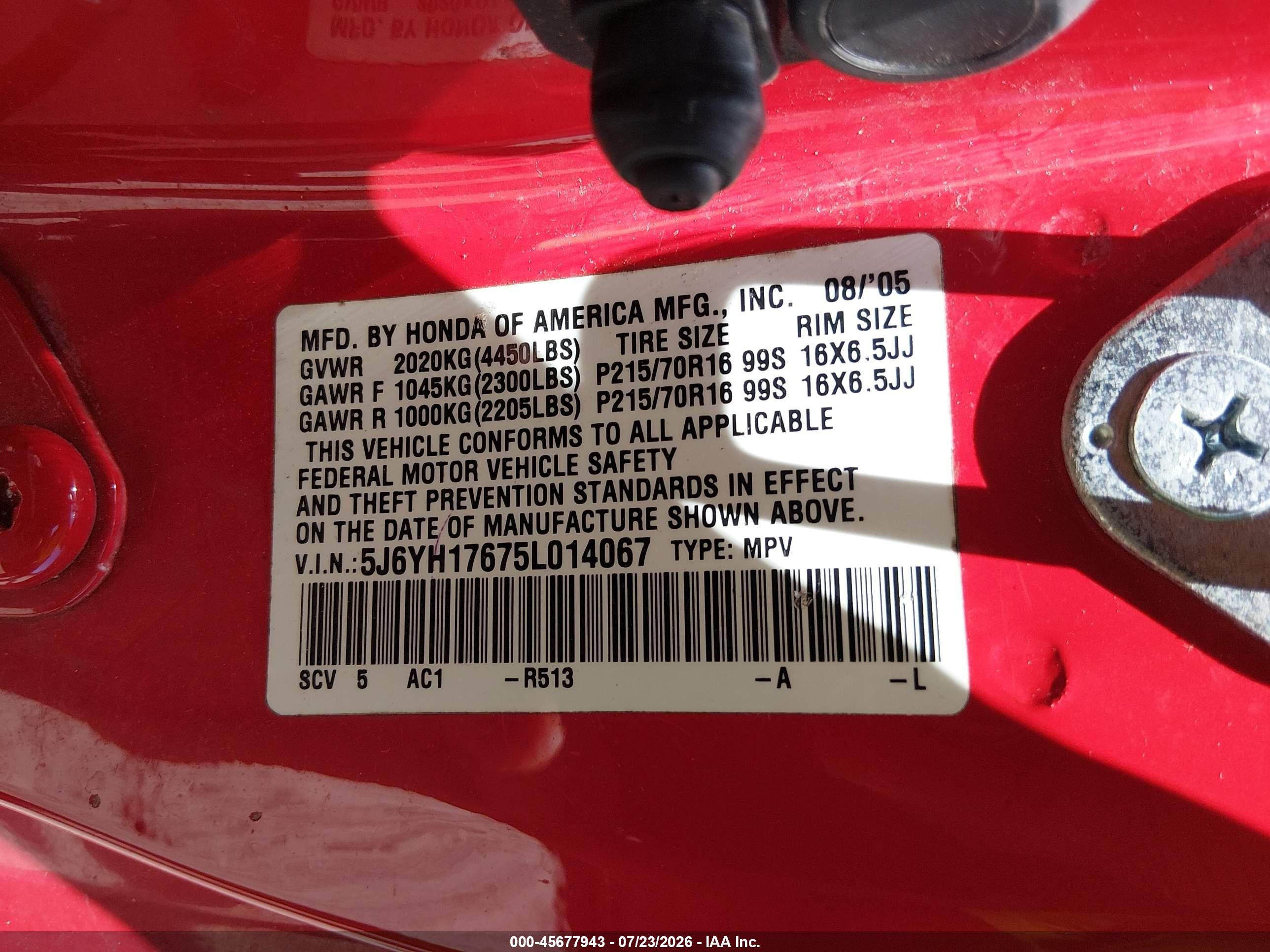 2005 Honda Element Ex Red vin: 5J6YH17675L014067