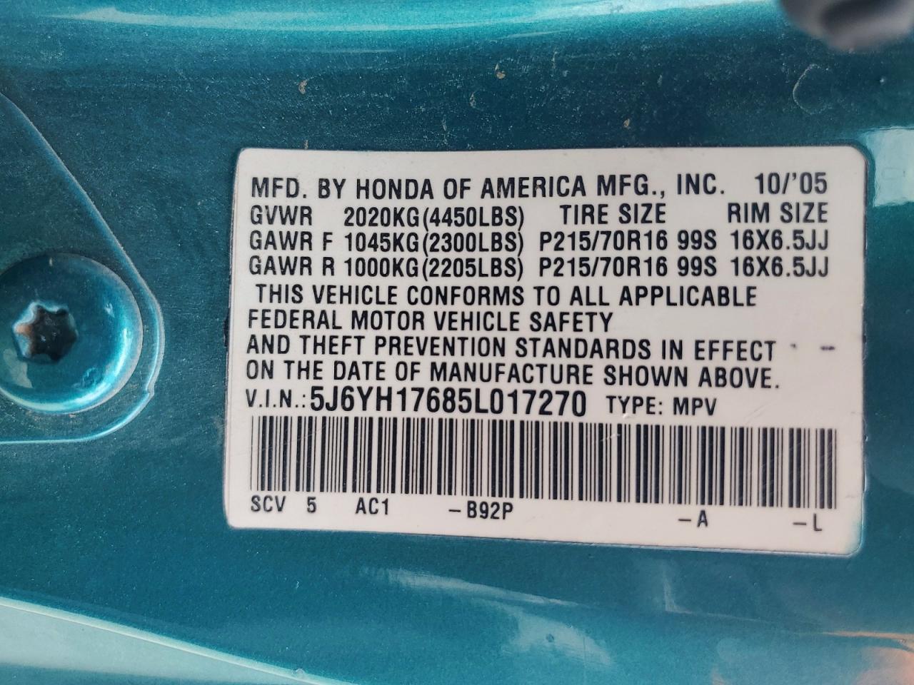 2005 Honda Element Ex Teal vin: 5J6YH17685L017270