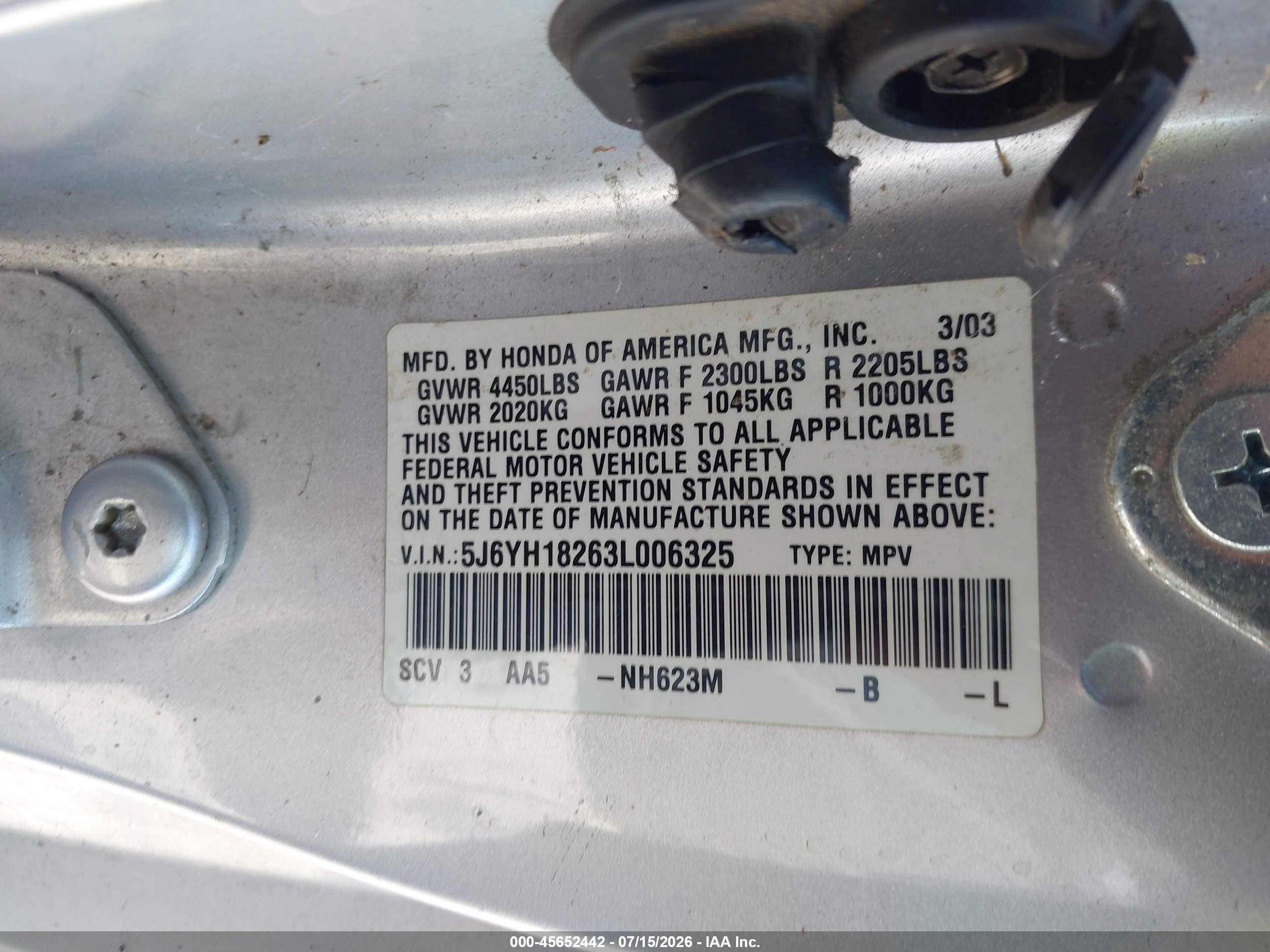 2003 Honda Element Dx Silver vin: 5J6YH18263L006325