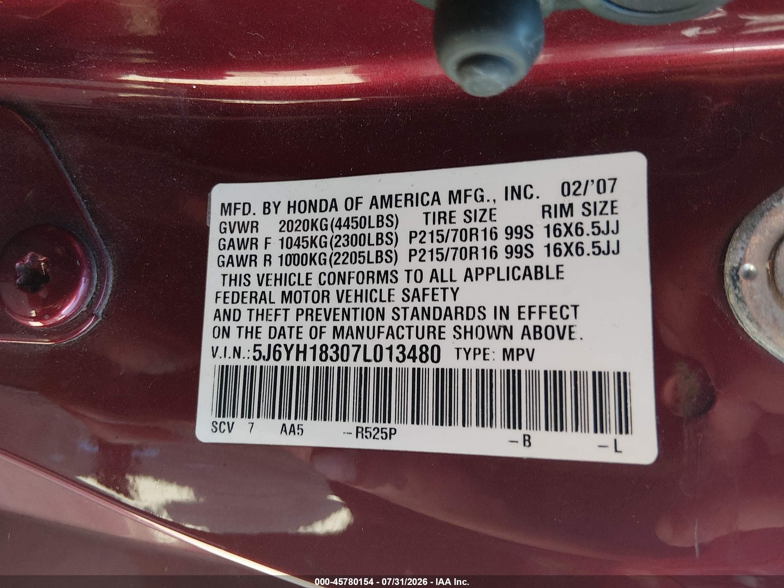 2007 Honda Element Lx Red vin: 5J6YH18307L013480