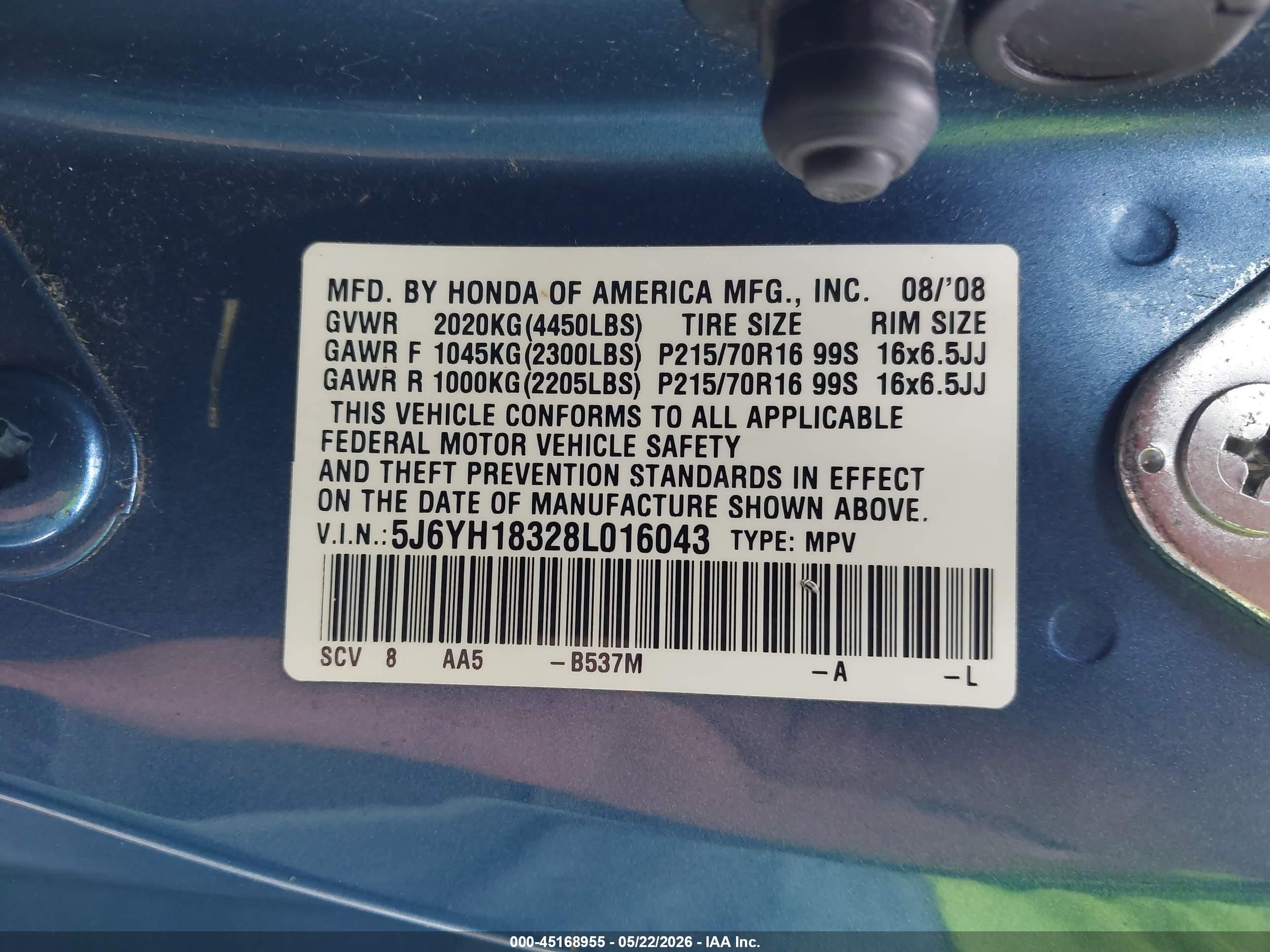 2008 Honda Element Lx Blue vin: 5J6YH18328L016043