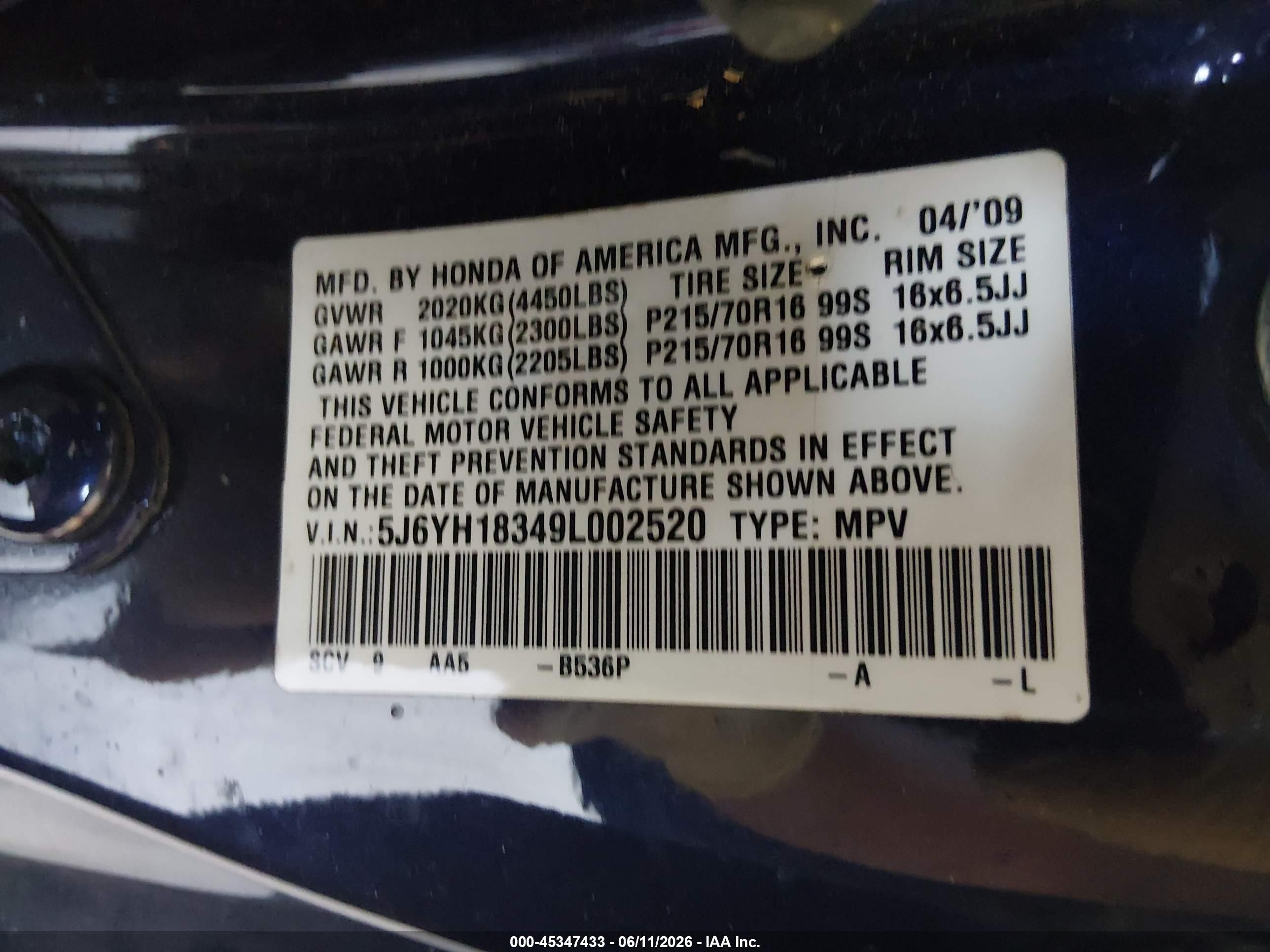 2009 Honda Element Lx Blue vin: 5J6YH18349L002520