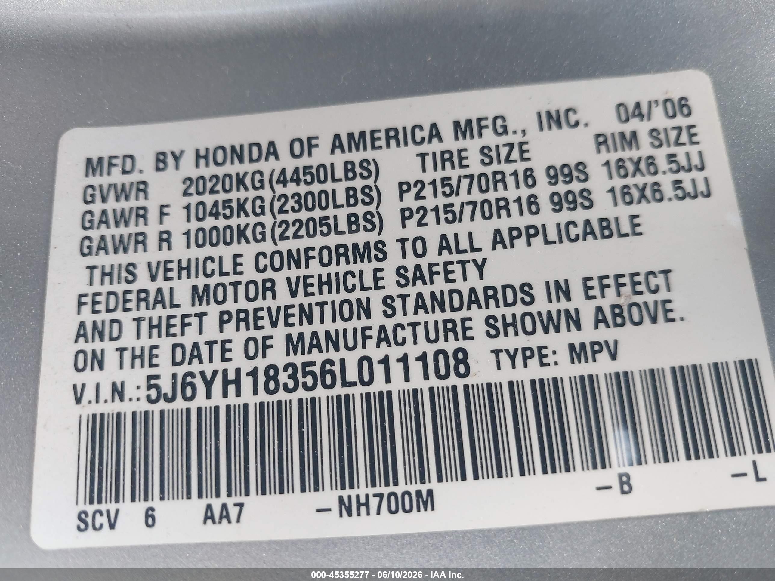 2006 Honda Element Lx Silver vin: 5J6YH18356L011108