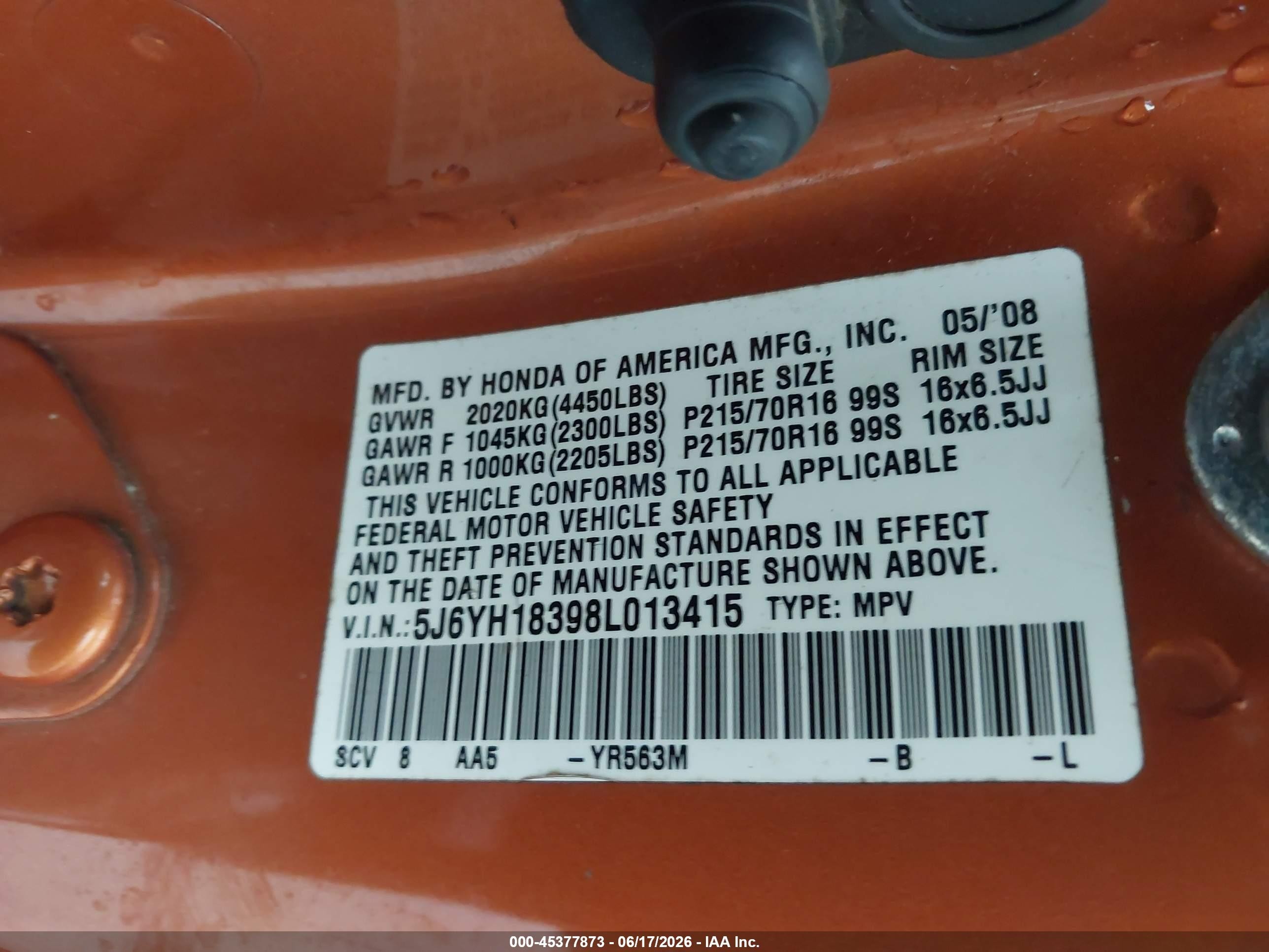 2008 Honda Element Lx Orange vin: 5J6YH18398L013415
