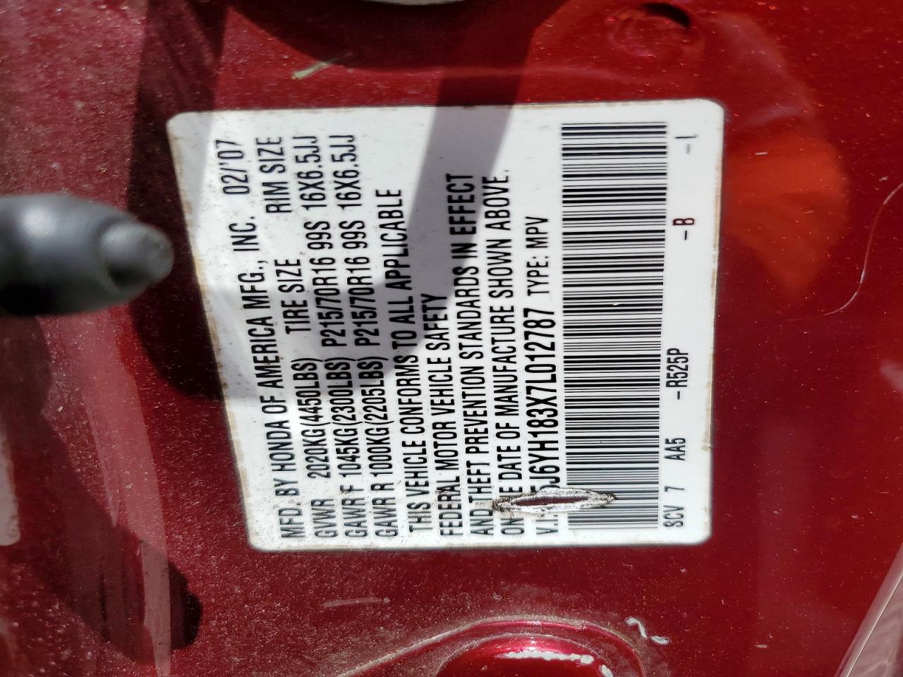 2007 Honda Element Lx Red vin: 5J6YH183X7L012787