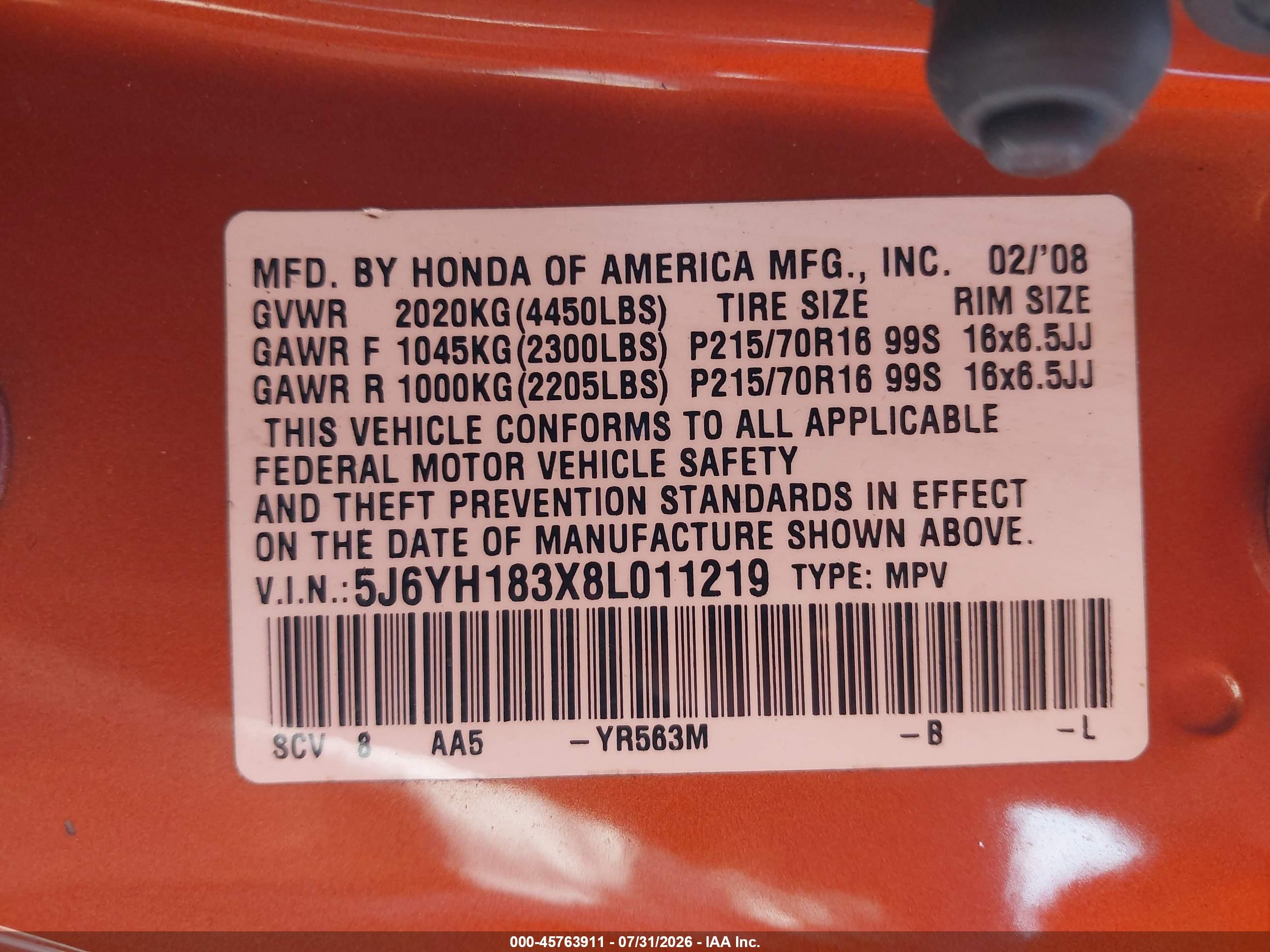 2008 Honda Element Lx Orange vin: 5J6YH183X8L011219