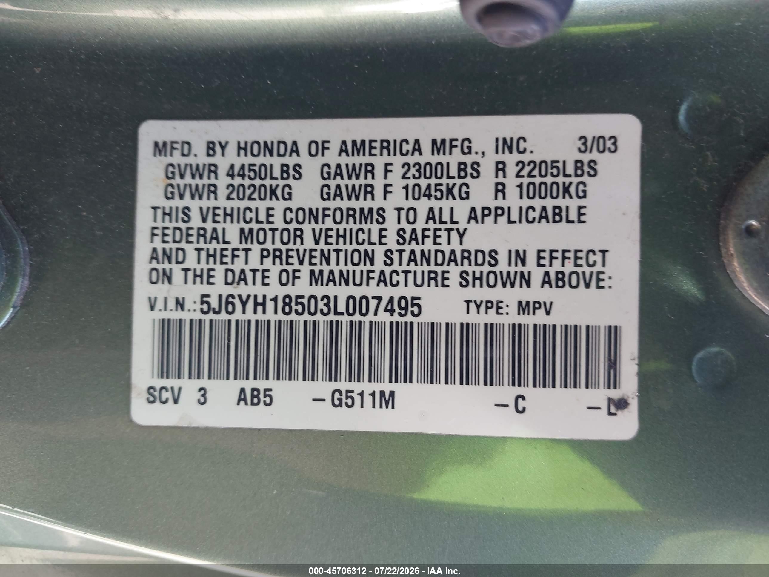 2003 Honda Element Ex Green vin: 5J6YH18503L007495