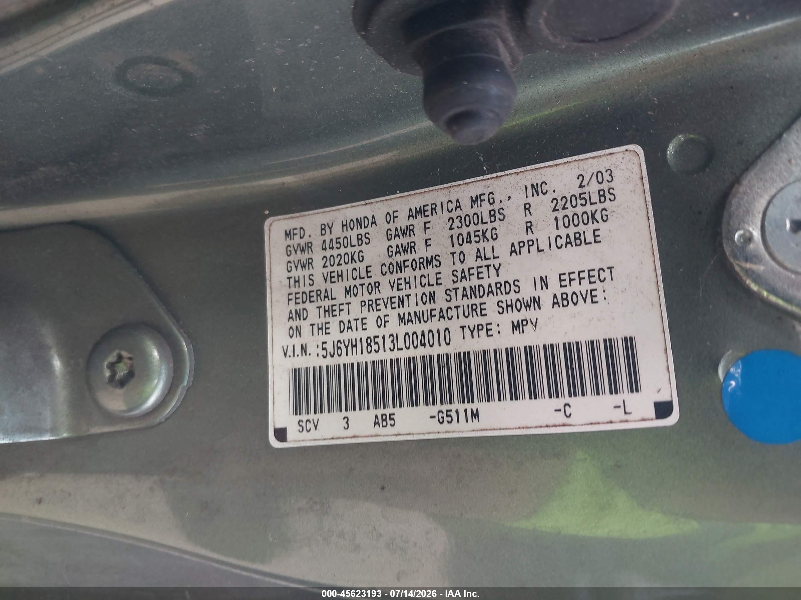 2003 Honda Element Ex Зеленый vin: 5J6YH18513L004010