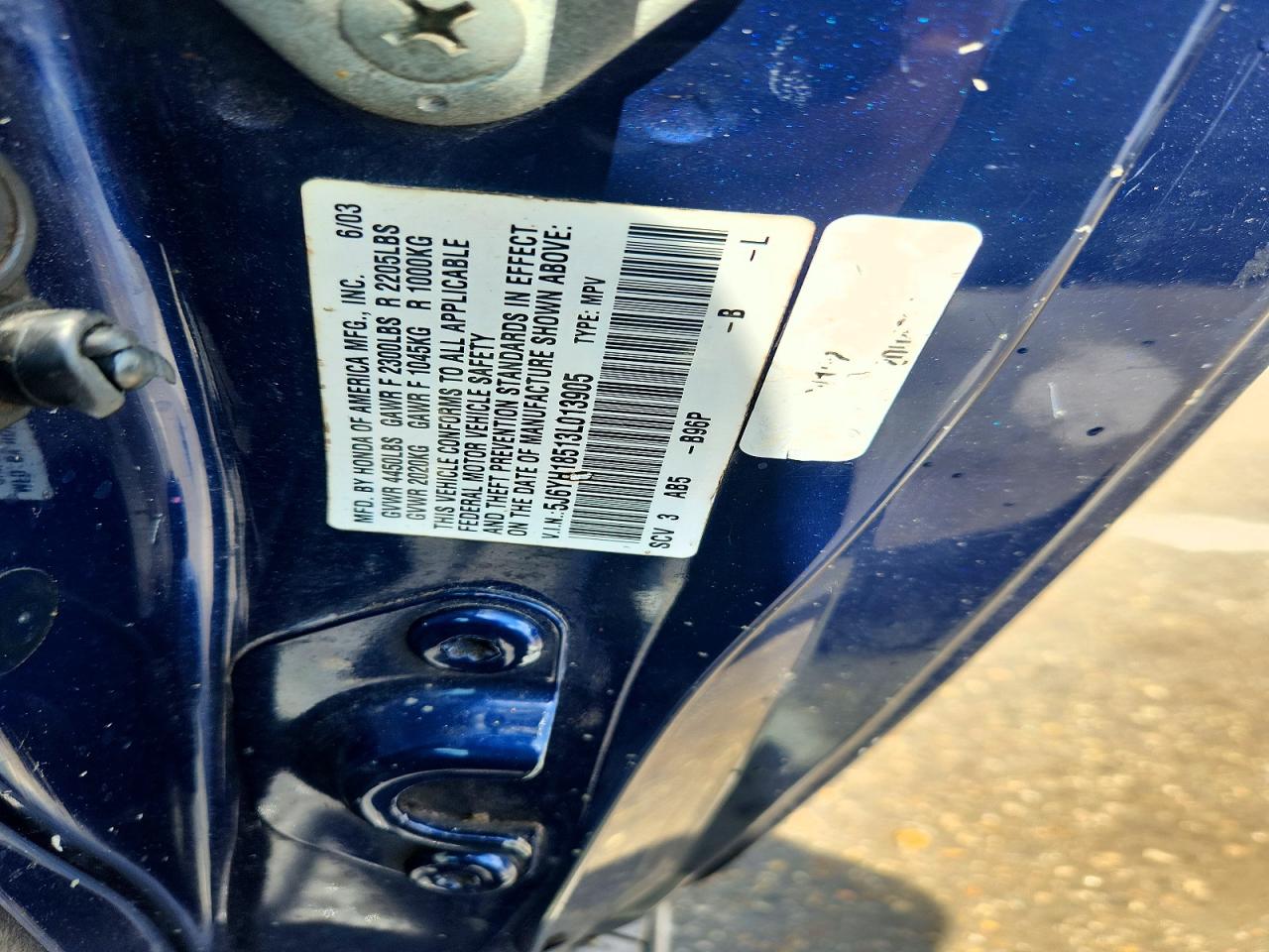 2003 Honda Element Ex Blue vin: 5J6YH18513L013905
